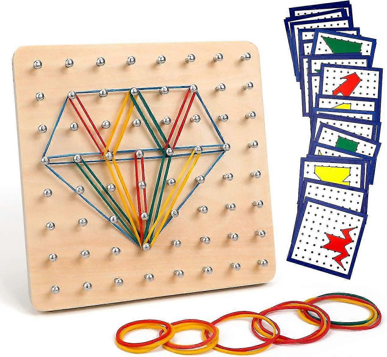 Wood With Pattern Cards And Rubber Band - 8X8 Pegboard Pins With Rubber Tape, Shape Puzzle Inspires