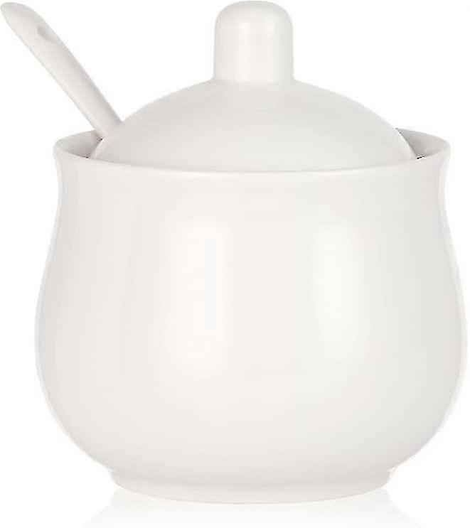 وعاء سكر سيراميك مع غطاء وملعقة ، برطمان تخزين بورسلين أبيض بالسكر والملح والفلفل ، 7 أونصات