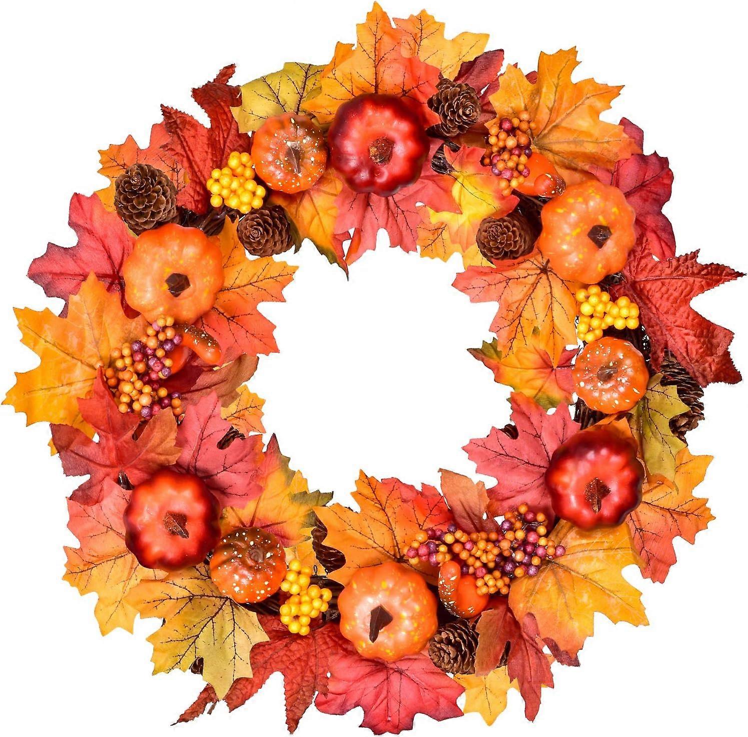 Artificial Plant 45cm Artificial Maple Wreath for Front Door, Fall Wreath Fall Maple Leaf Door Wreath with Maple Leaf Pumpkin Pine Cone Berry