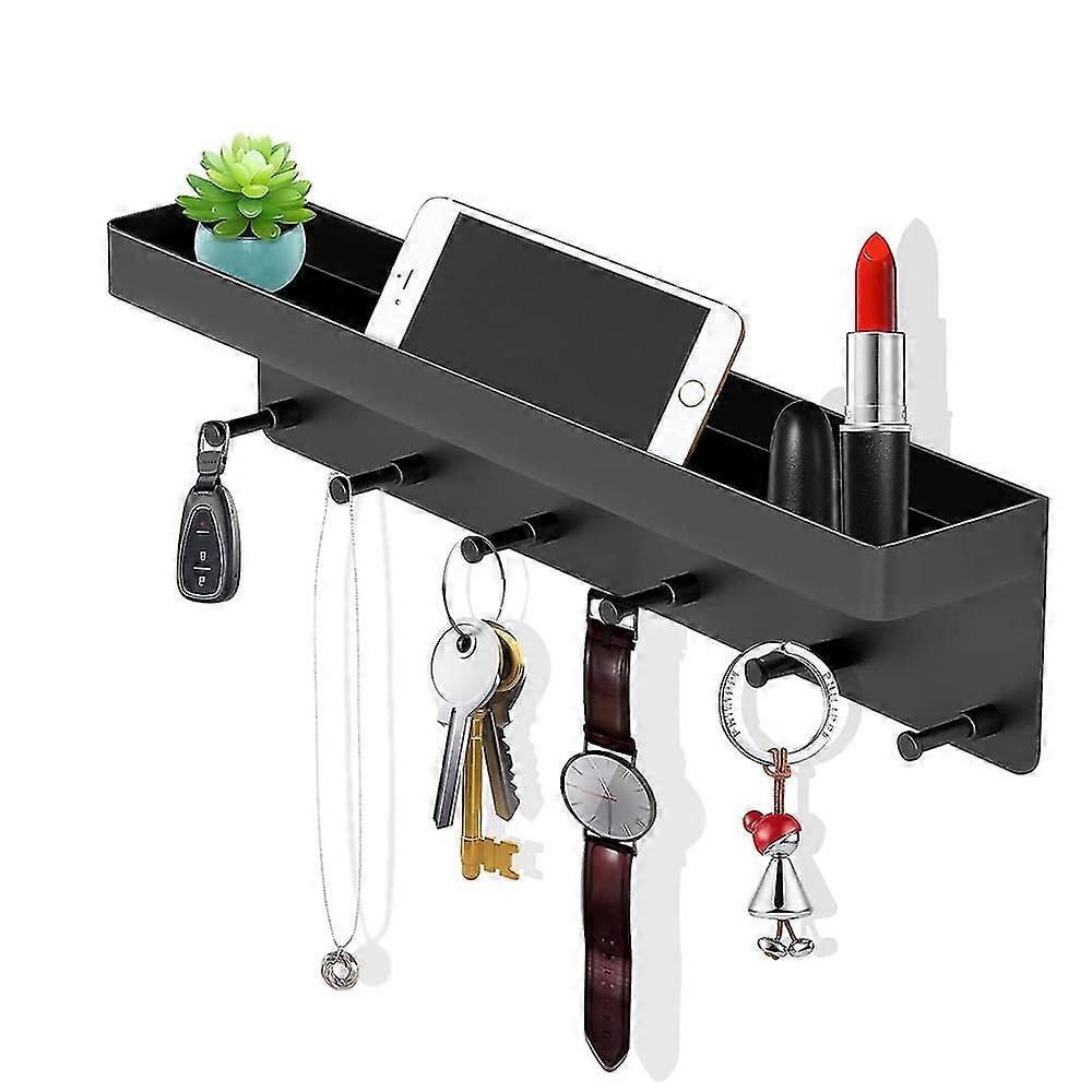 Key Holder With Shelf, 6 Hooks, Self-adhesive Key Organizer Black