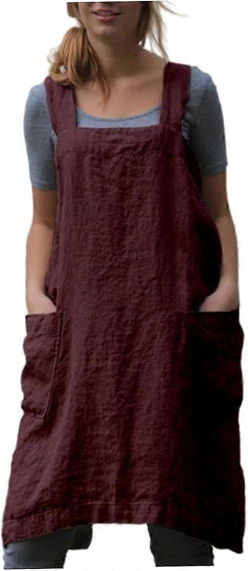 Cotton Linen Cross Back Chef Apron - Claret - MXBC