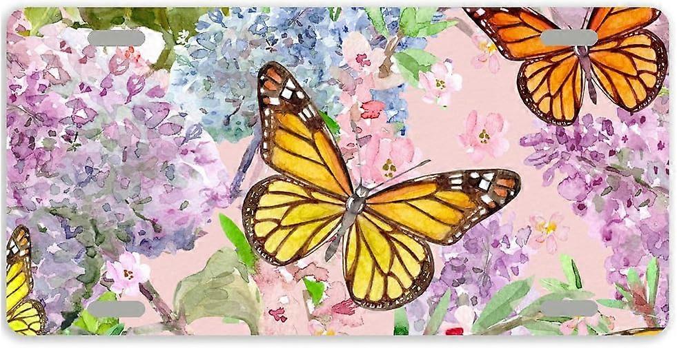 Tampa de Placa de Licença de Carro de Metal com Flores e Borboletas da Primavera com 4 Furos 12 x 6 Polegadas
