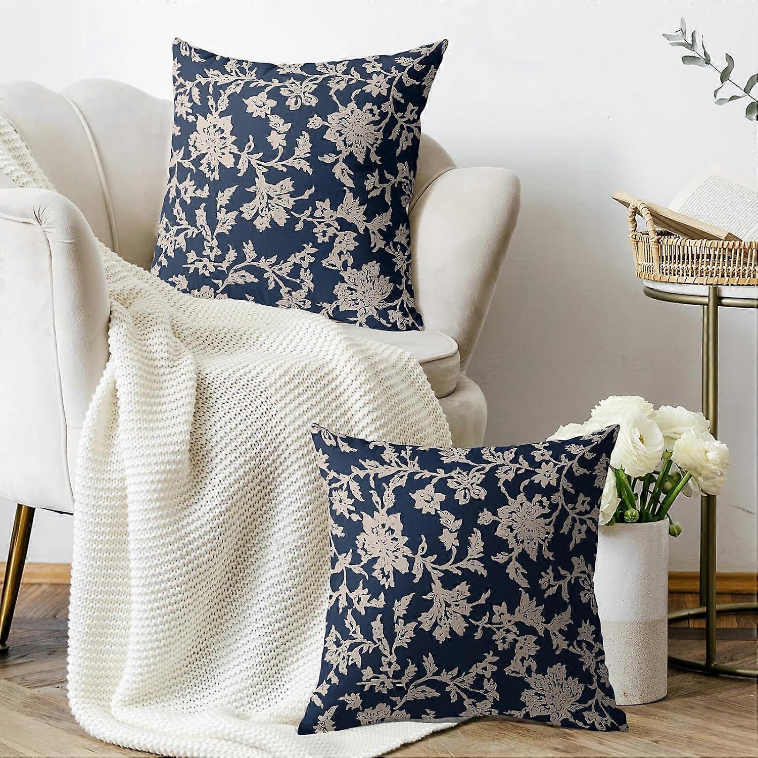 عتيق الأزهار كتلة طباعة وسادة يغطي 16x16 مجموعة من 2 الأزرق الداكن البني كريم زهرة نمط ريفي الطراز القديم الزخرفية رمي وسادة الحالات في الهواء الطلق فا