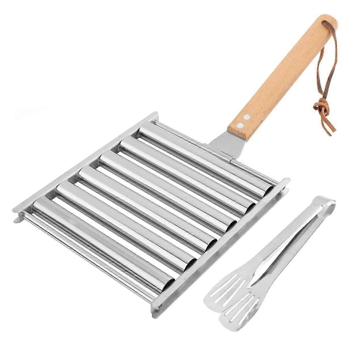 Hot Dog Roller for Grill with Metal Spatula and Long Wooden Handle Stainless Steel Sausage Roller R