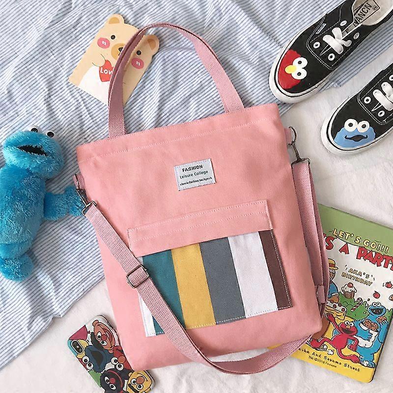 Pink Vertical bar messenger spring canvas bag student class shoulders large-capacity canvas bag Korean version of the simple shoulder bag
