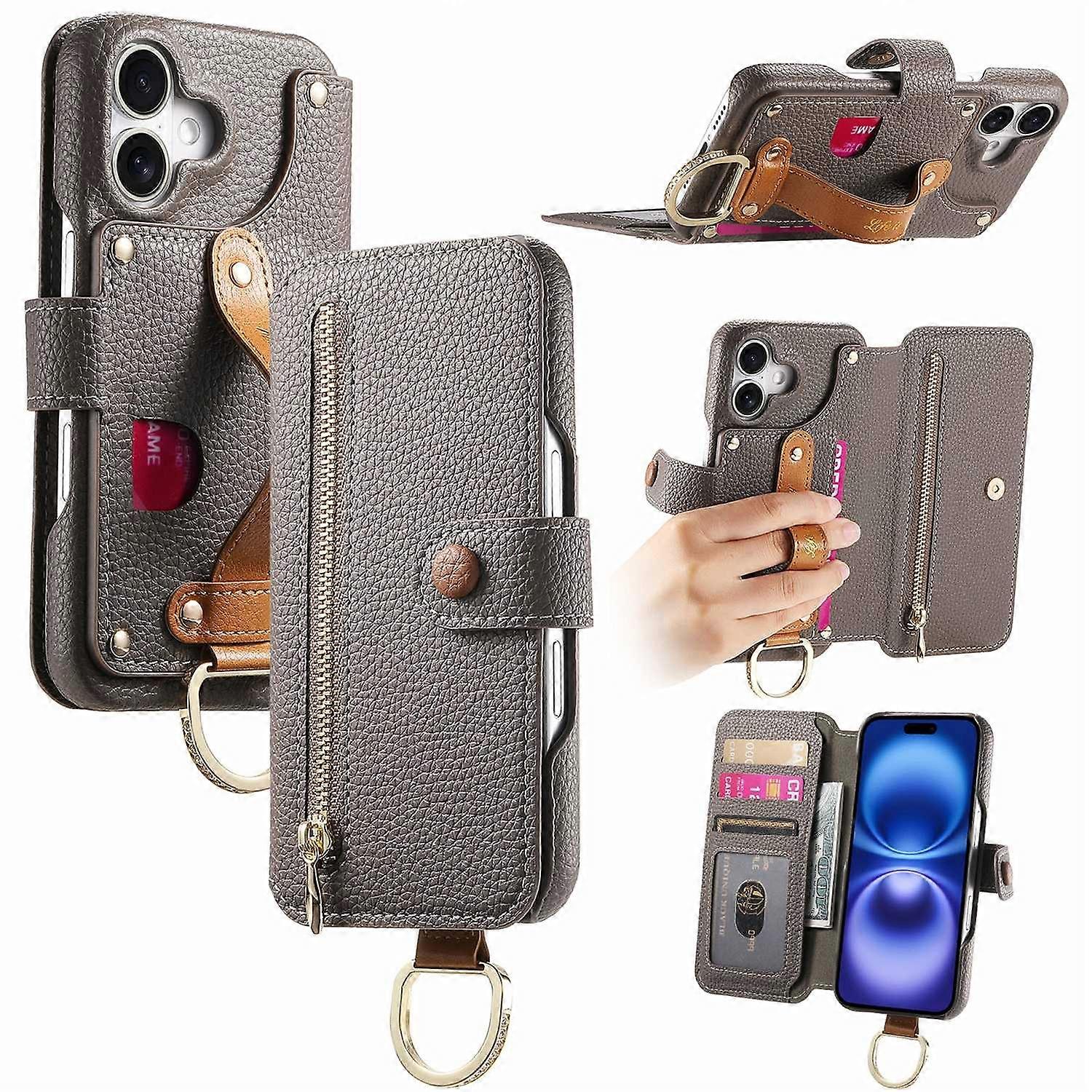 For iPhone 16 Case RFID Blocking Zipper Wallet PU Leather Mobile Cover-Grey