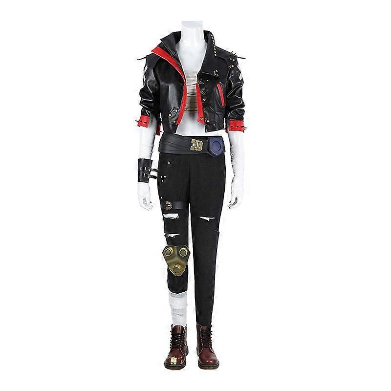 女性用 アーバンエンフォーサー コスプレ衣装 アーケイン風 ブラック&レッドジャケット、タクティカルパンツ、ベルト、ラップ&アクセサリー パンクファイタースタイル (XSXXXL)