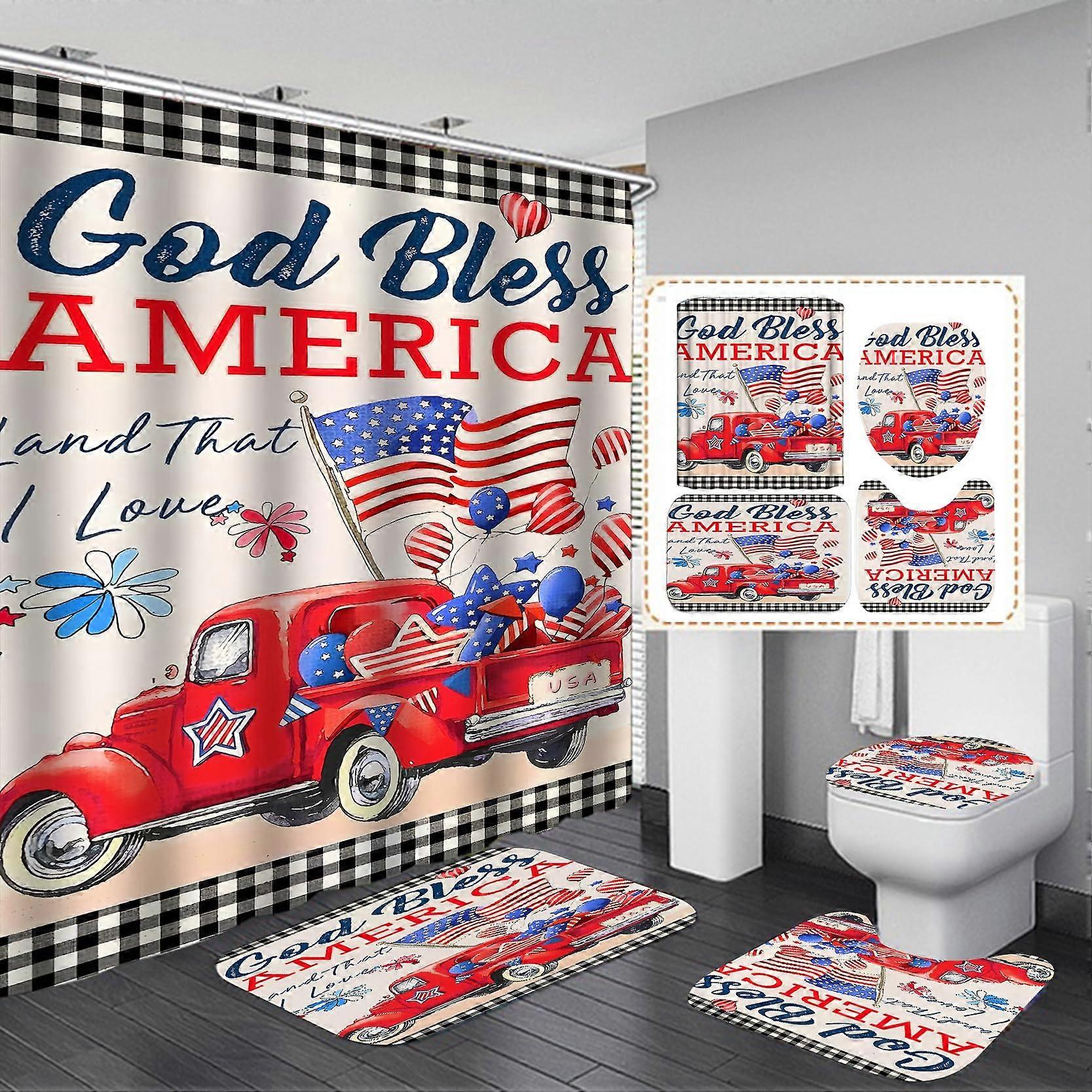 Patriotic Shower Curtain Set with 12 Hooks for 4th of July Bathroom Decor, Water-Resistant, 72 x 72 Inches, Red White Blue