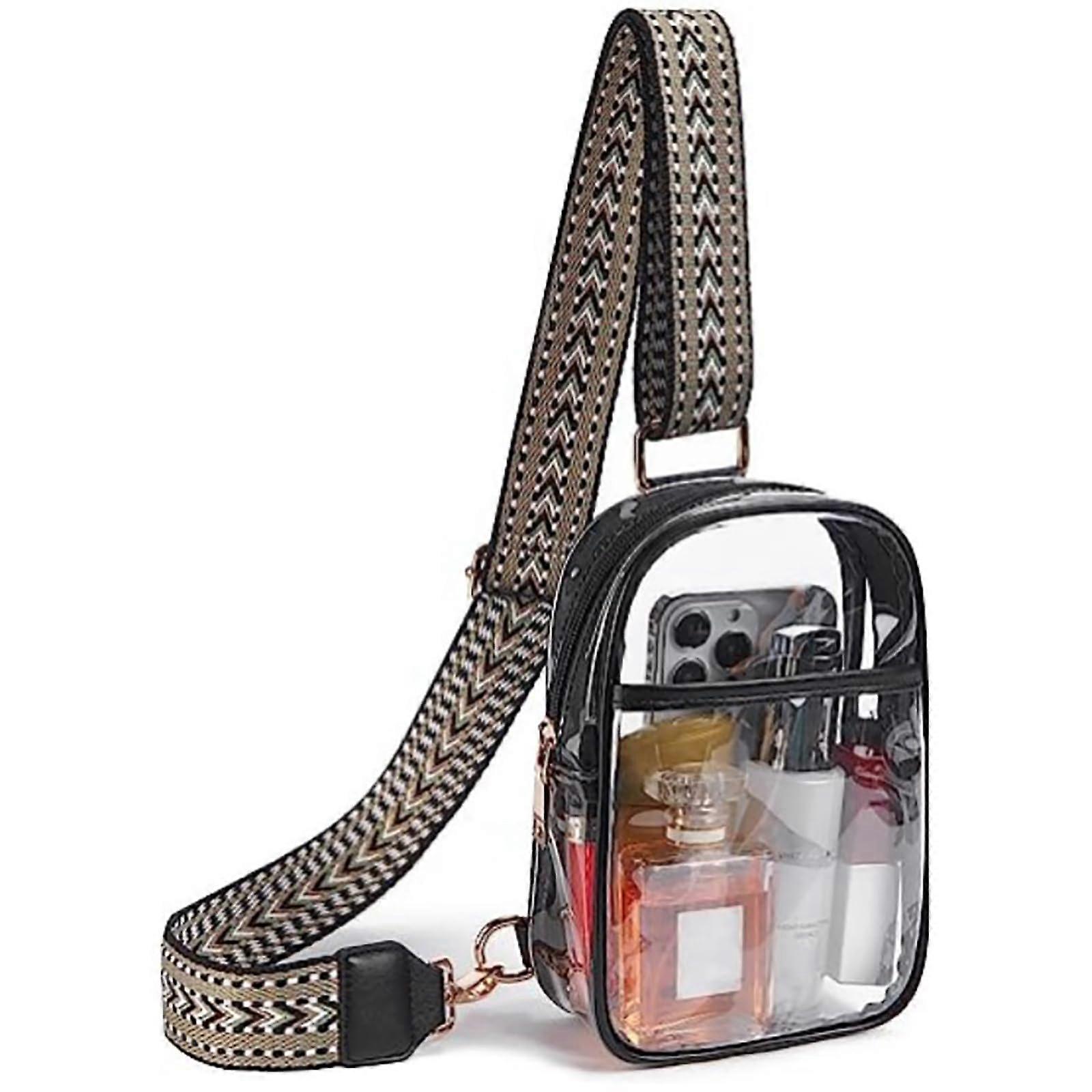 Clear Bag Stadium Approved Transparent Sling Bag with Guitar Strap, Women's Crossbody Wallet Fanny Pack in Black