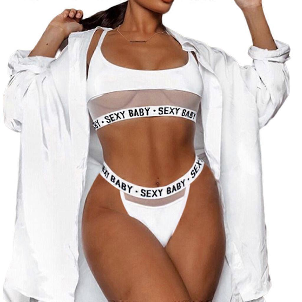 Women Sexy Sheer Mesh Patchwork Underwear Lingerie Set Letters Print Solid Color  white M