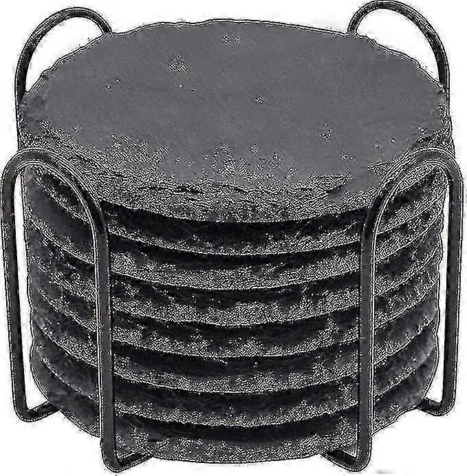 ブラックストーンドリンクコースターメタルホルダー付き - 8パック、バーキッチンホーム用4インチラウンド