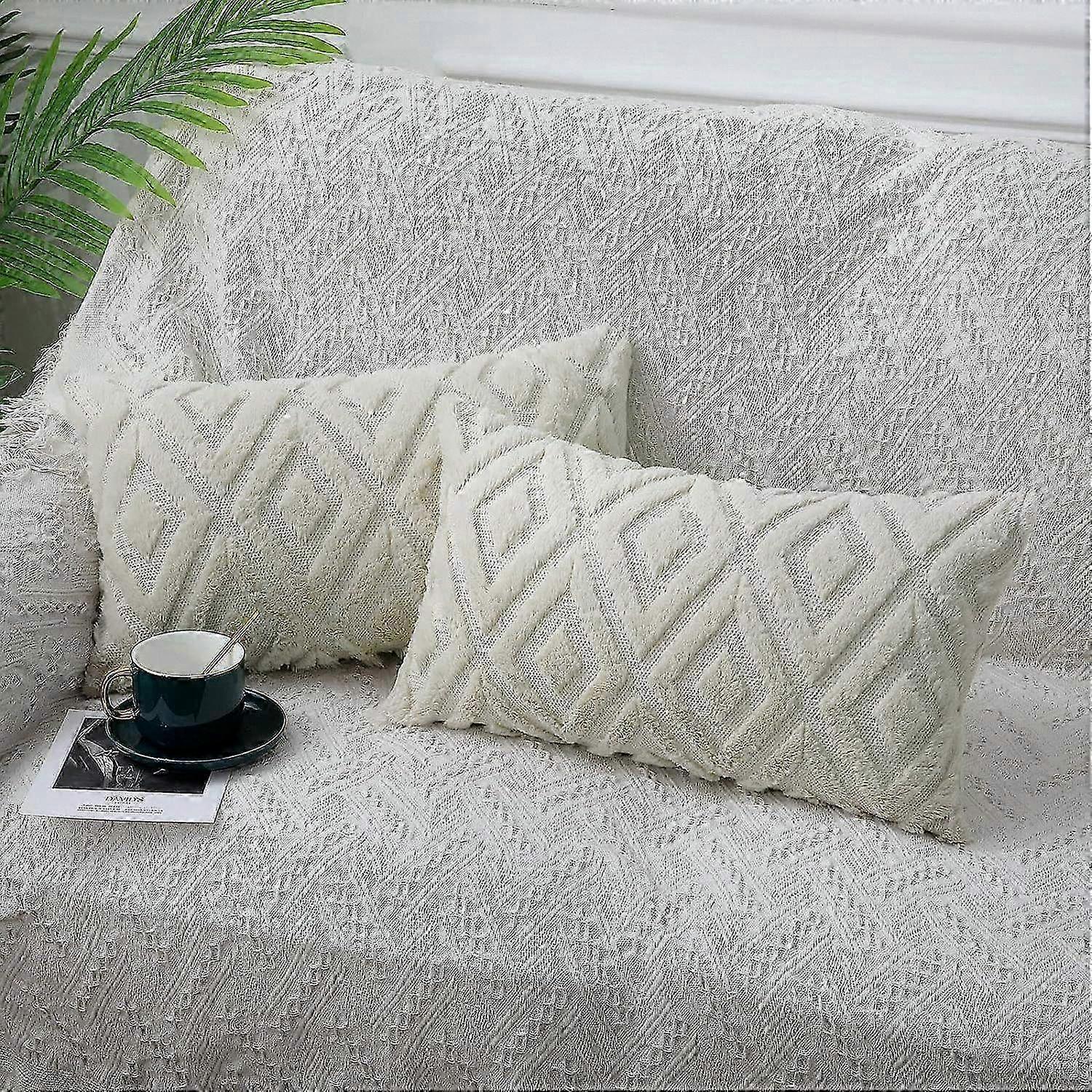 Soft Faux Fur Throw Pillow Covers 12x20 - Couch Sofa Pillow Covers for Living Room - Features 3D Diamond Pattern - Set of 2 - Suitable for H