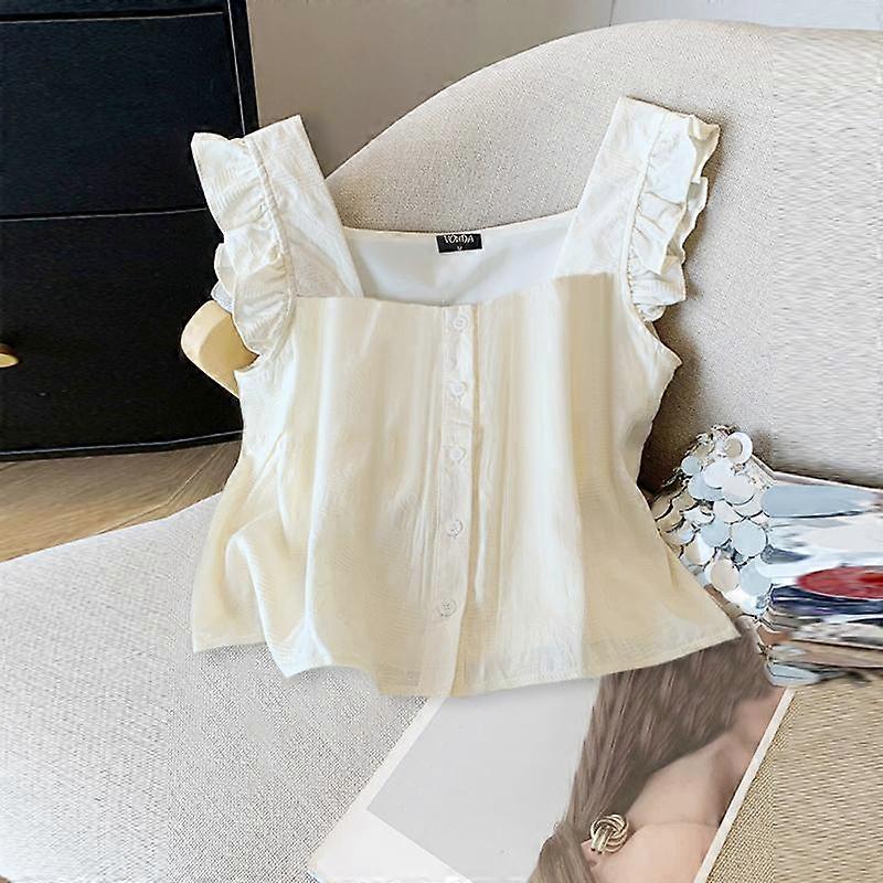 VONDA Women Summer Square Neck Ruffle Sleeve Solid Color Tanks
