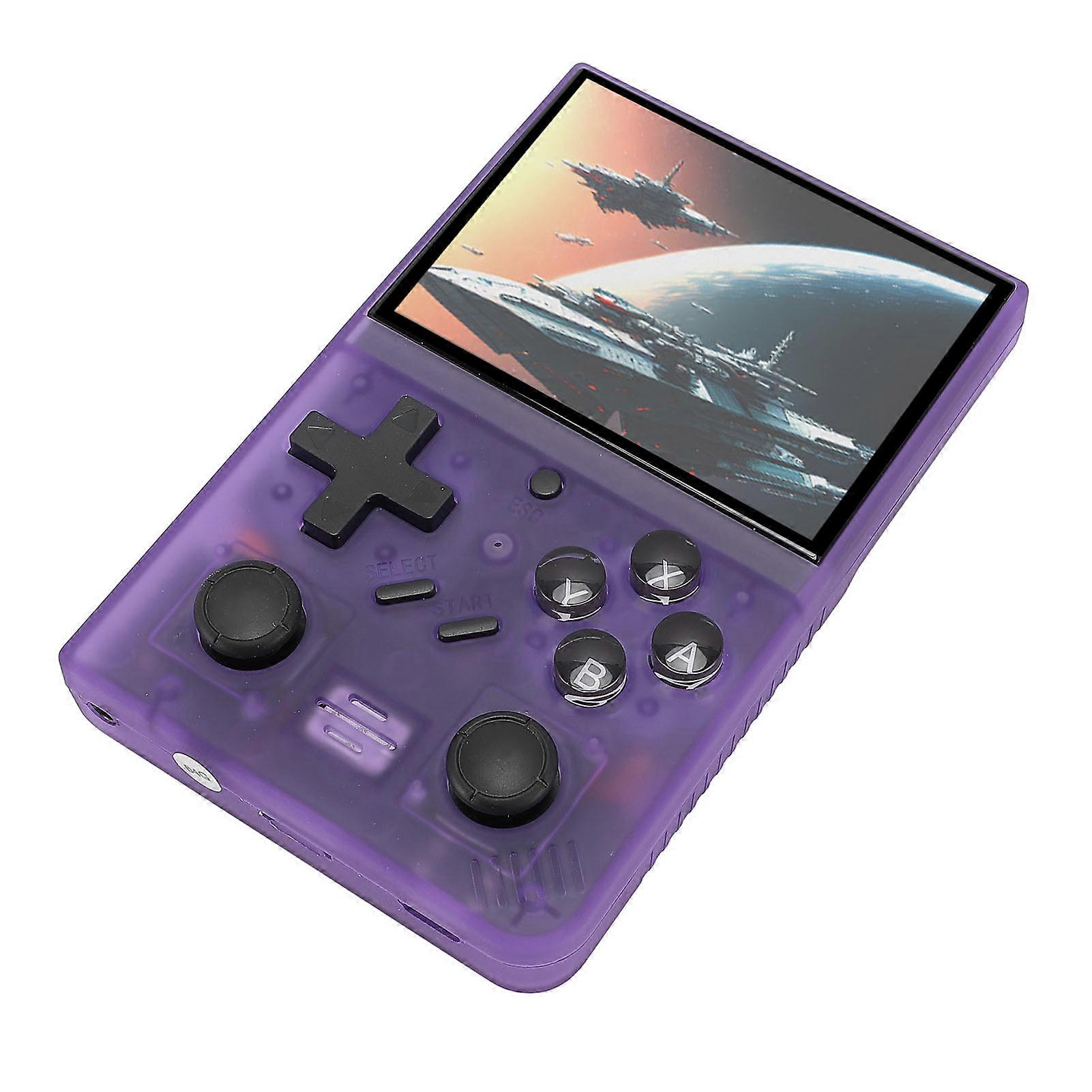 Handheld Retro Game Console 3.5 Inch IPS Screen Open Source Portable Video Game Console with Dual 3D Joysticks 64GB Small Memory Card for Kids Purple