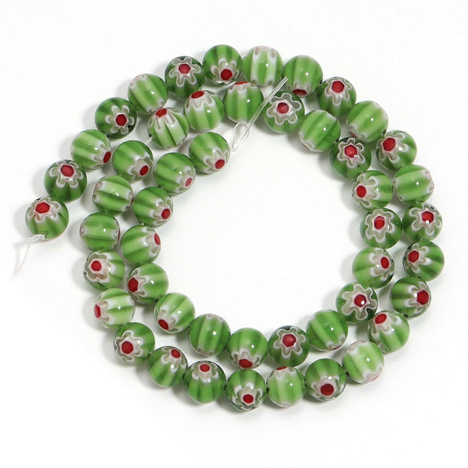 Patterned Glass Beads: Colorful Thousand-Flower Beads, 6mm, 35cm String, ~55pcs, Handmade DIY Bracelet Beads Green Red