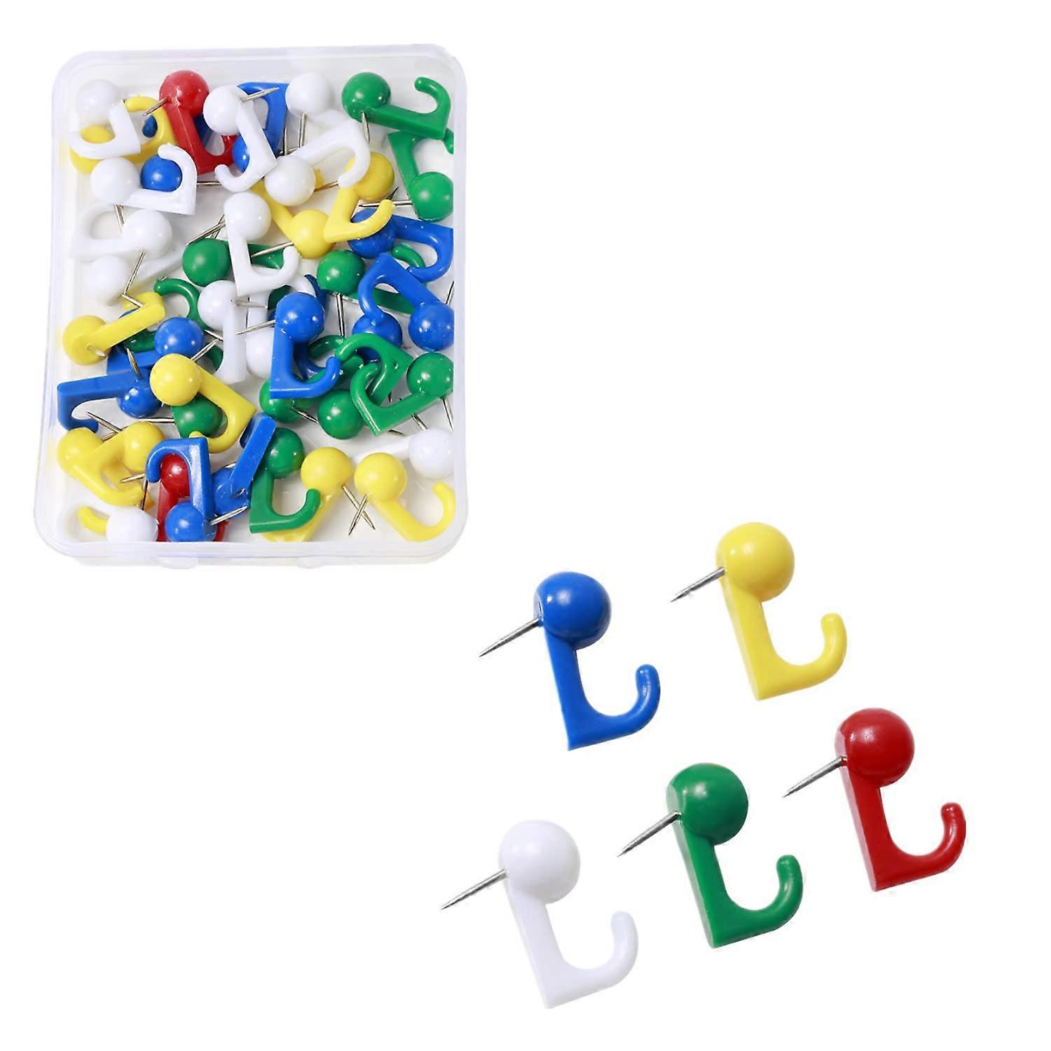 50 Pieces Coloured Plastic Push Pins with Hooks, Plastic Head Push Pins, Hooks for Cork Board, Card, Photo, School Supplies