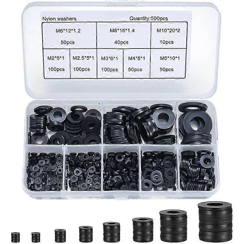 500 Pcs Black Nylon Flat Washers, Assorted Sizes M2 to M10 for Gaskets