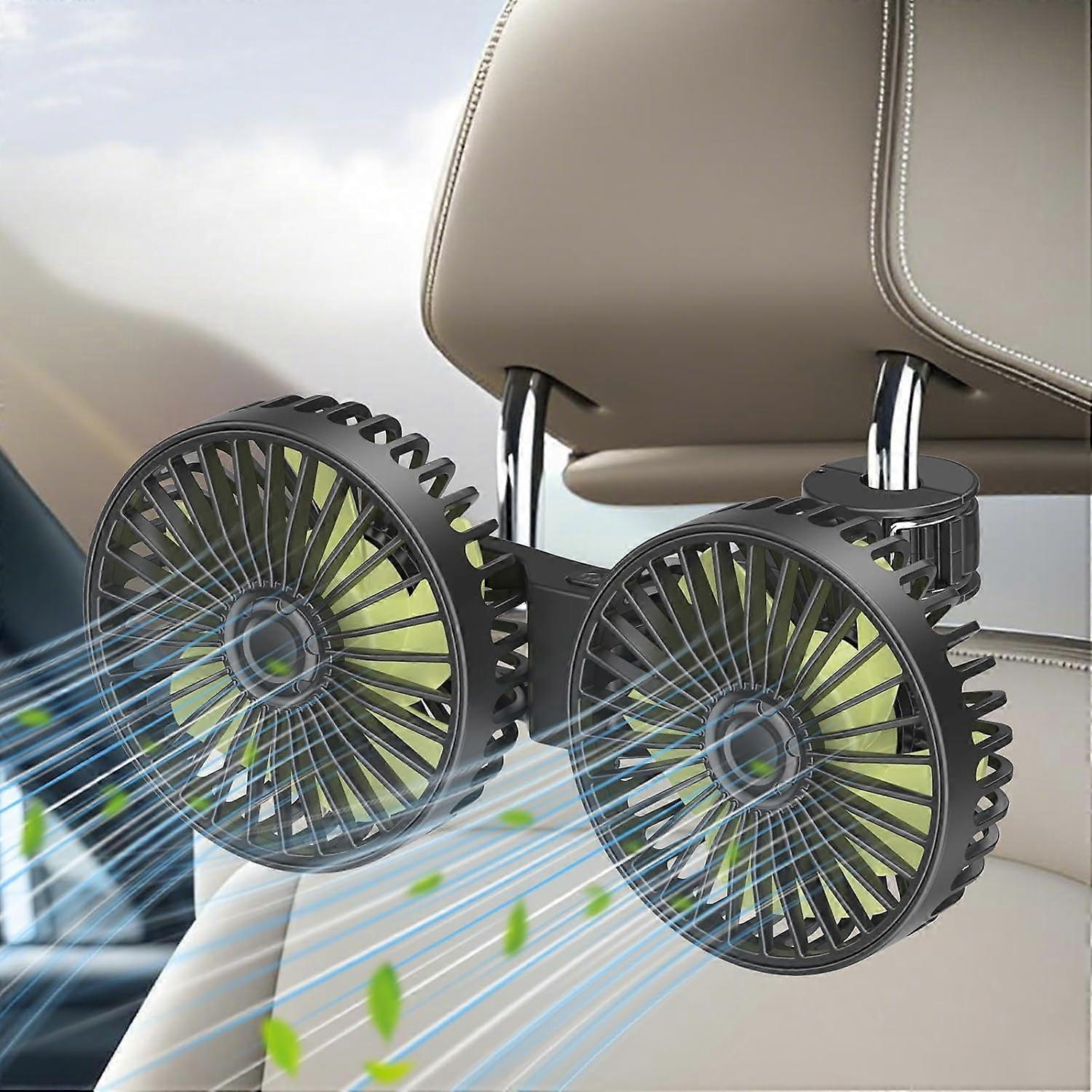 12V Dual Head Car Fan, Portable USB Vehicle Fan, Quiet Cooling Backsea