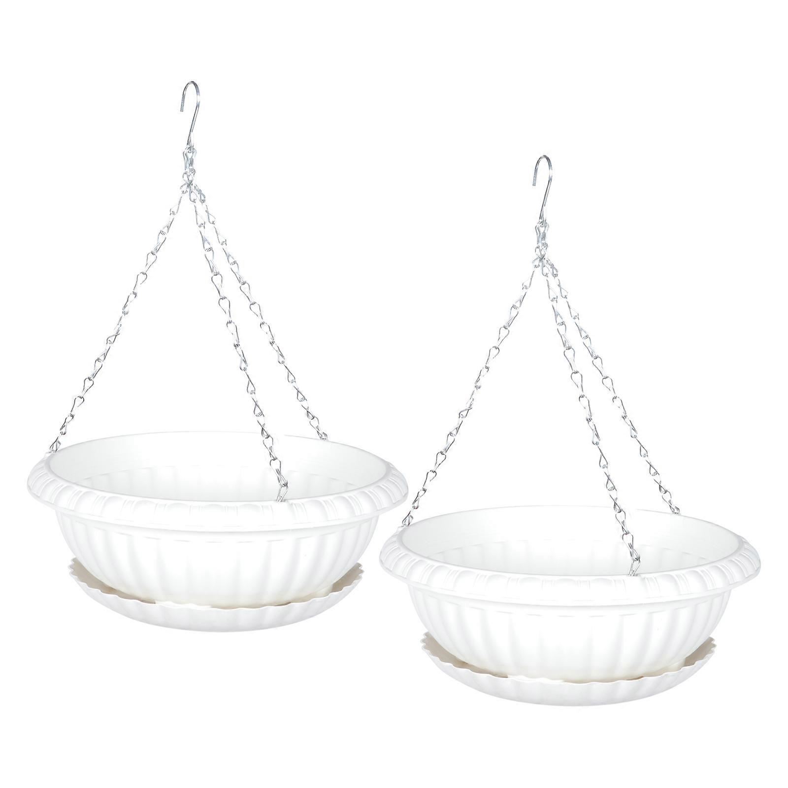 White Hanging Flower Pots with Metal and PP Material for Balcony Plant Display 2 Sets
