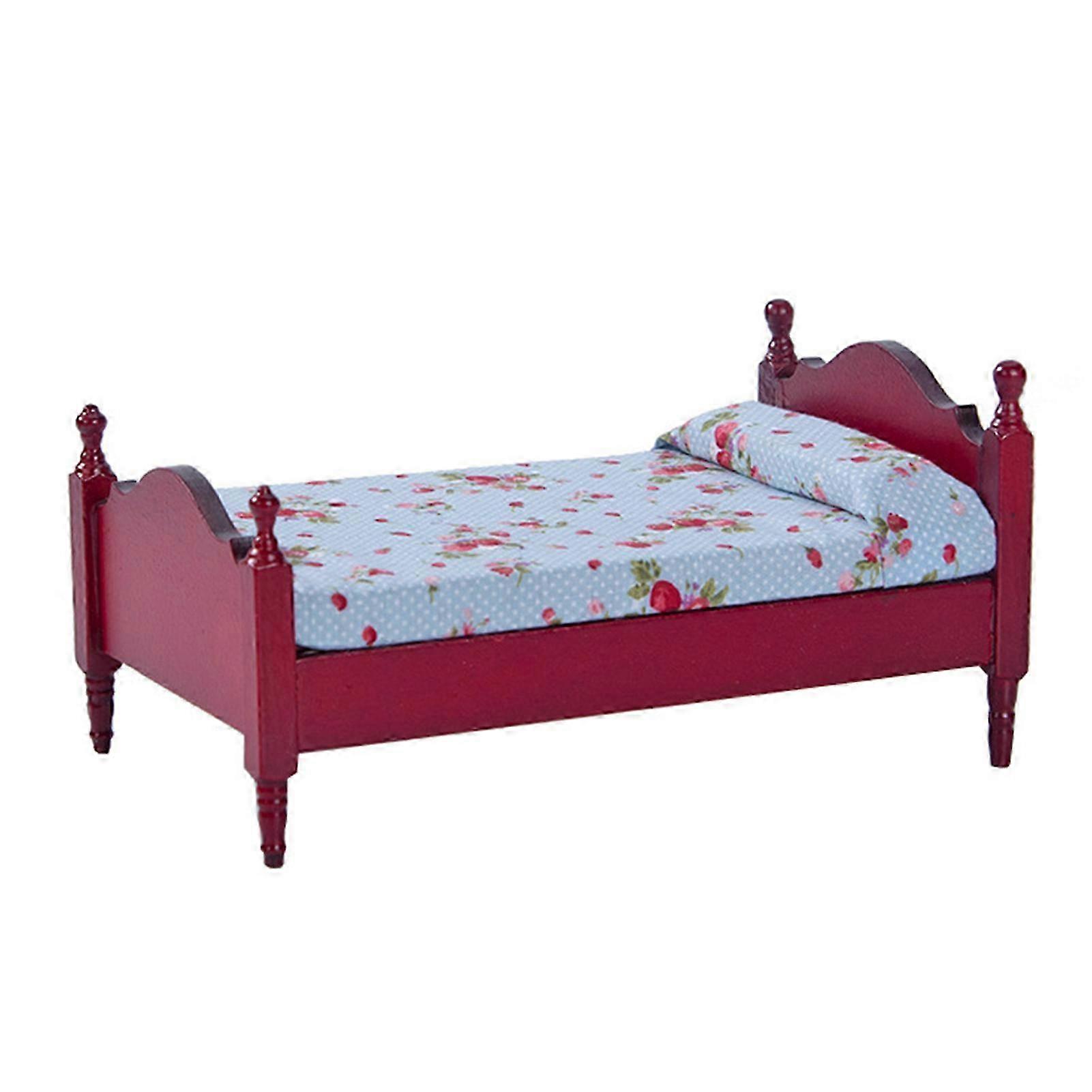 Simulation single bed exquisite accessories wooden 1/12 scale miniature dollhouse single bed scene props, red