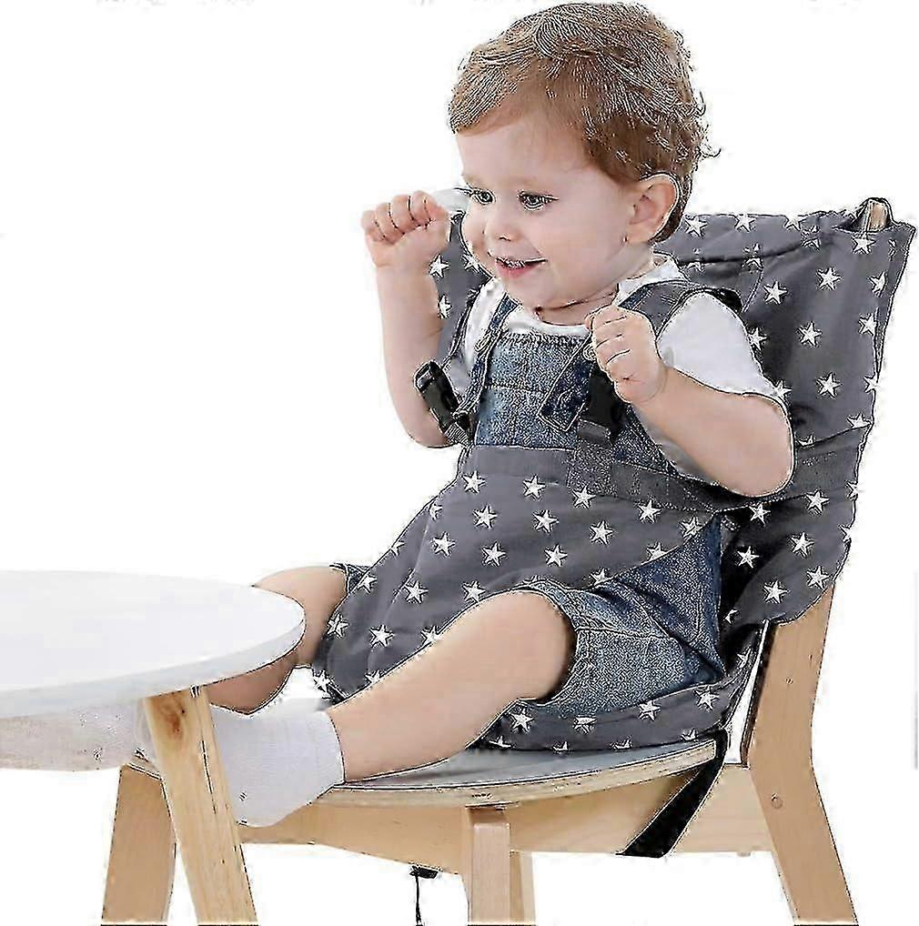 Portable Travel High Chair Seat (Grey) - Adjustable, Safe, and Washable - Practical Fabric for Toddlers, Fits Easily in Your Bag