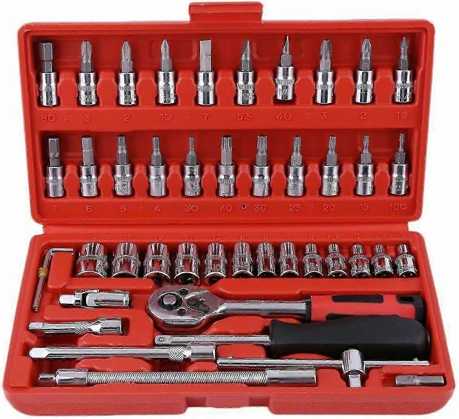 Socket Wrench Set, 46pcs 1/4" Ratchet Wrench With Tool Box, 4-14mm Cr-v Socket Wrench, Screwdriver Bits, Extension Bars For Home, Car, Bicycle Repair 