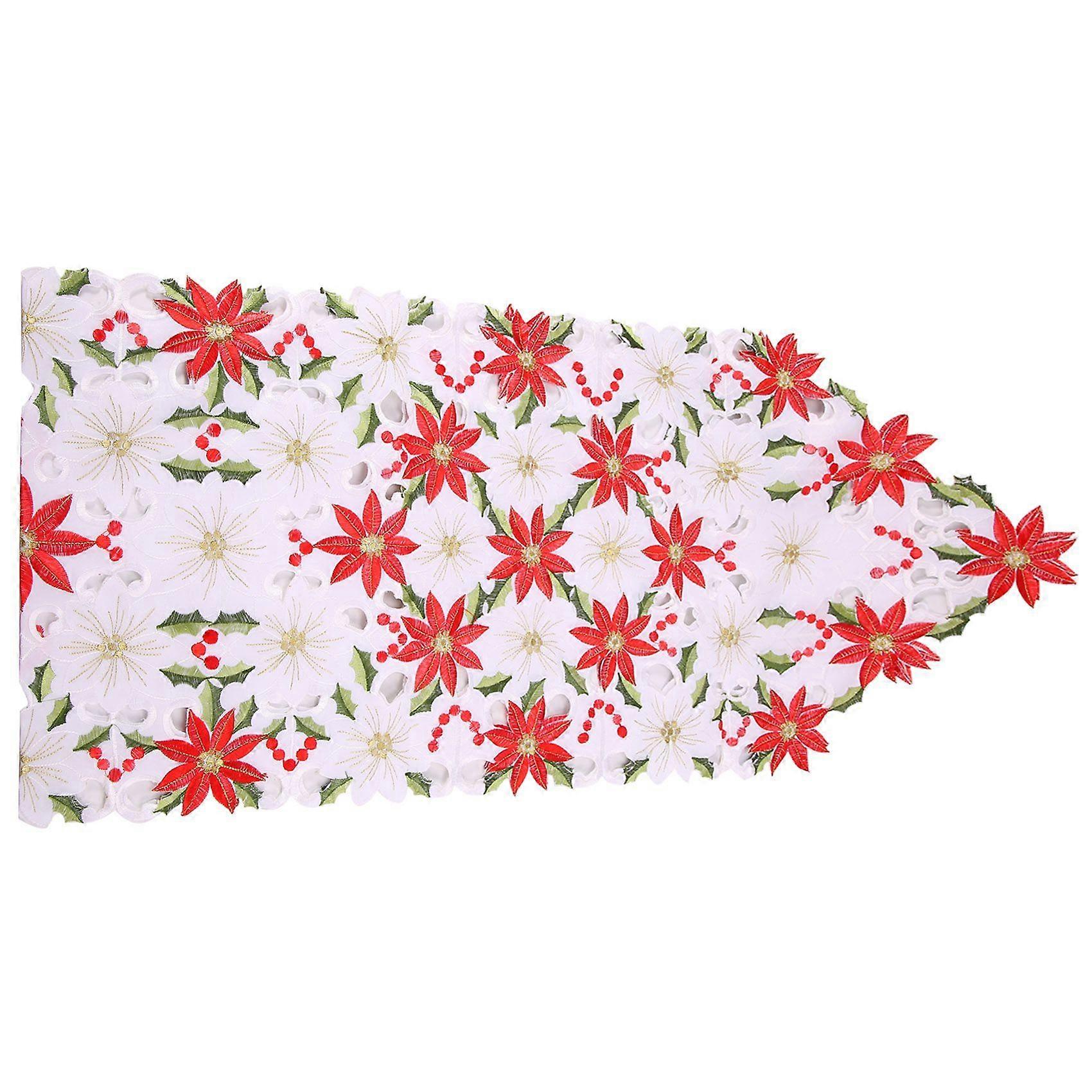 Christmas Embroidered Table Runner, Luxury Holly Poinsettia Table Runner for Christmas Decorations