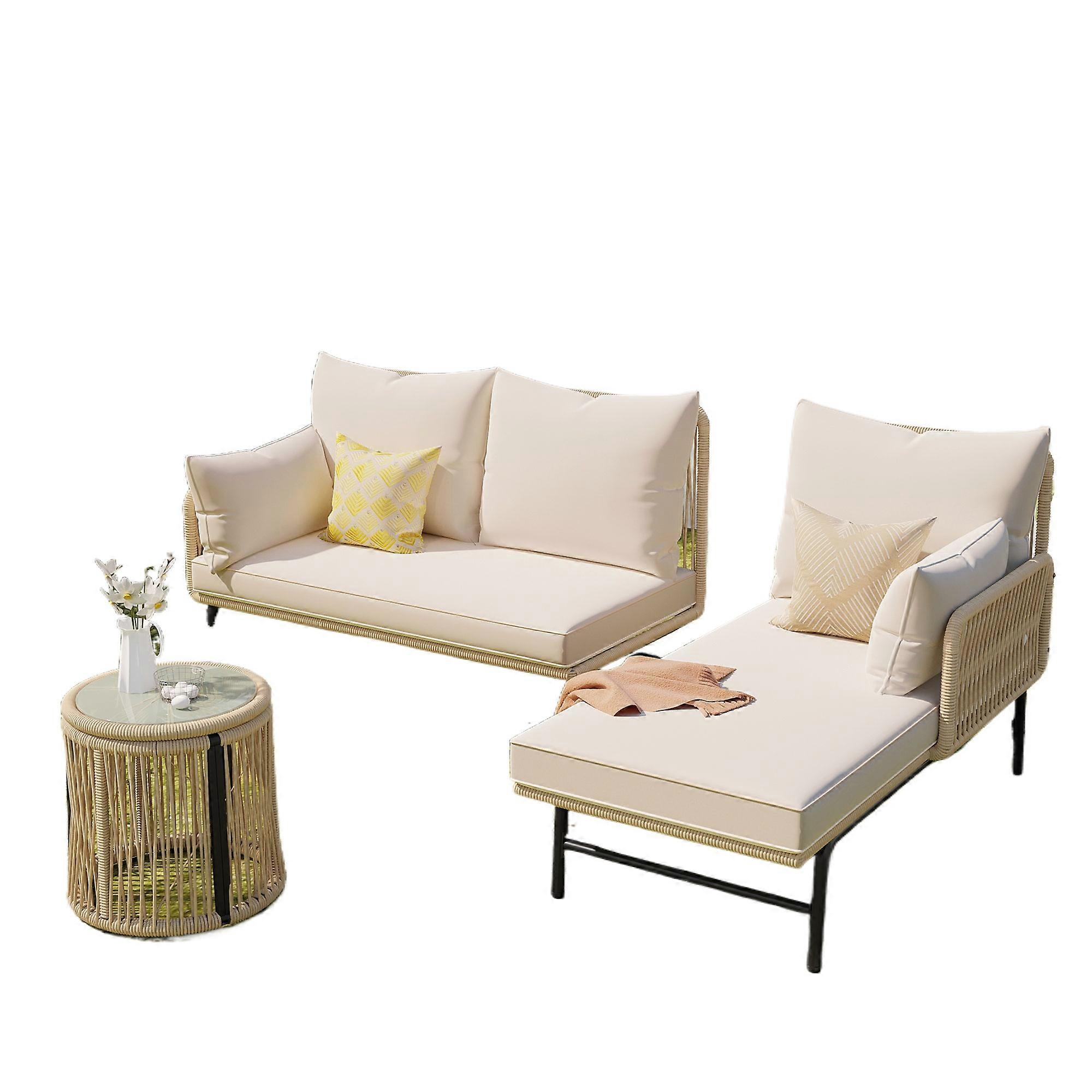 Outdoor lounge set with iron frame and beige woven rope, L-shaped conversation