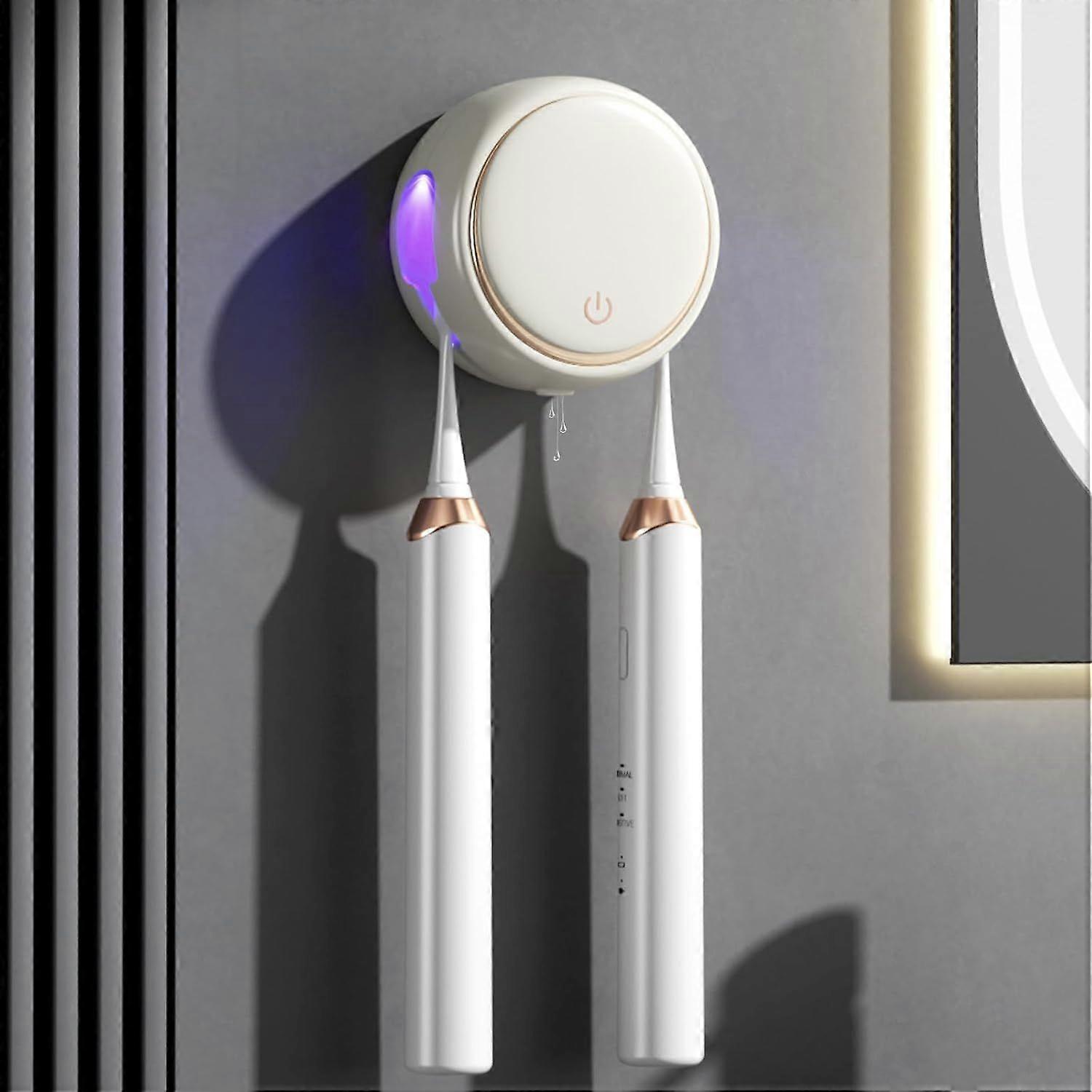 UV Toothbrush Sanitizer, Wall Mounted Toothbrush Holder, Sterilization, Timer Functions, Holds Two Brushes for Travel and Family Use (White)