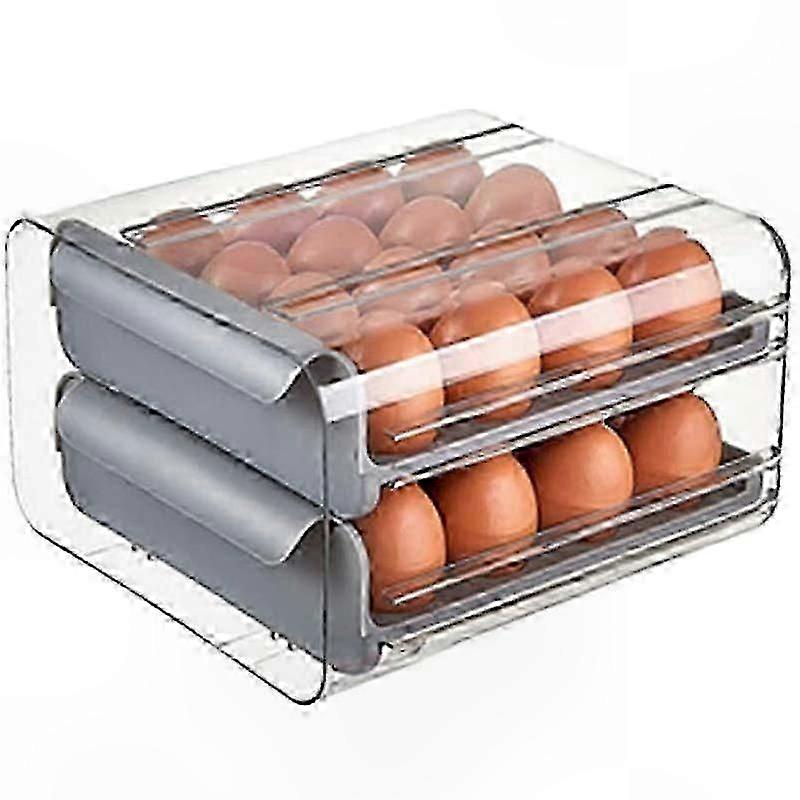 Double-Layer Egg Organizer for Refrigerator - 32 Grid Storage Drawer, Space-Saving Kitchen Shelf Container, Gray