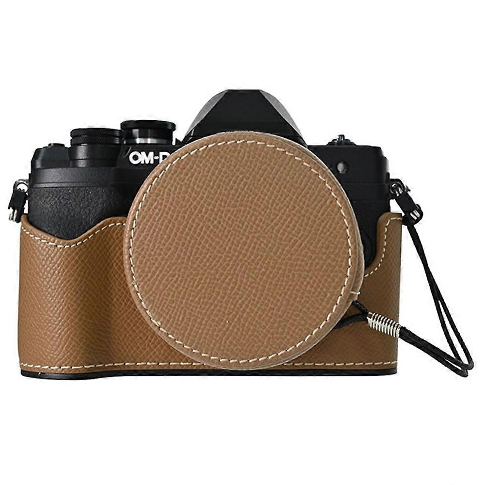 For Olympus OM-D E-M10 Mark IV Camera Case Half Wrapped Leather Bottom Cover with Lens Cap