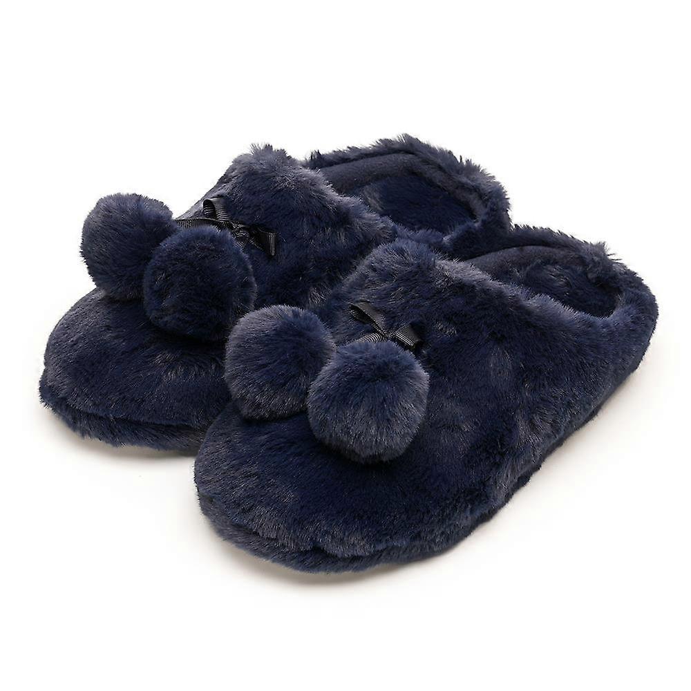 Ladies Navy Pom Pom Mule Slippers  Soft Warm Plush Fluffy Indoor Non Slip Slides