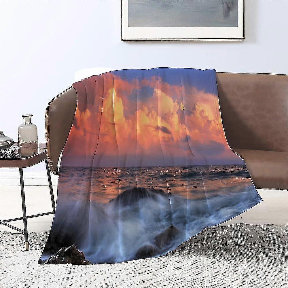 Blanket Flannel Blankets,storm Is Approaching With Dense Clouds At Horizon And A Wavy Sea At A Rocky Bay At Sunr,throws For Sofa Fluffy Blanket Bed Th