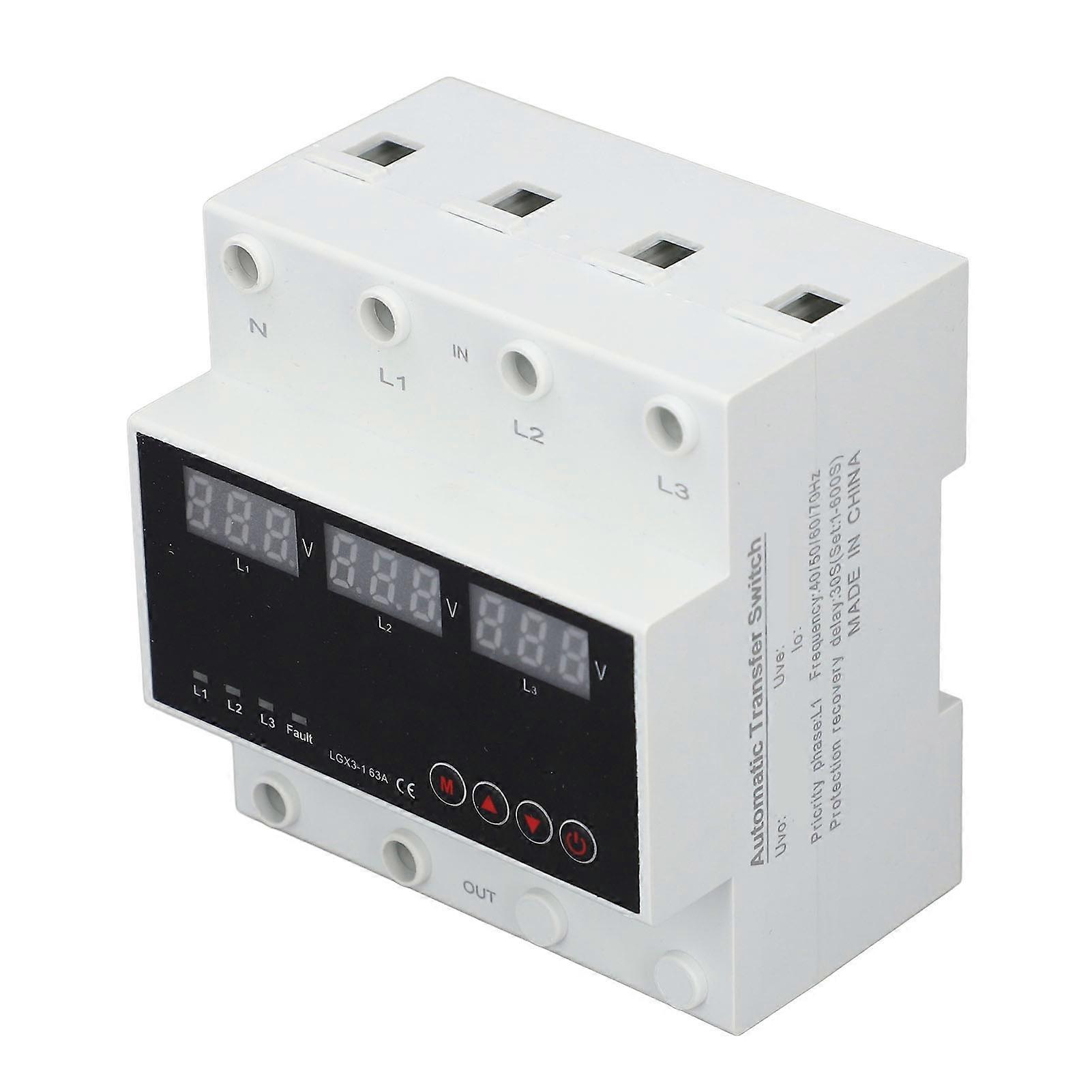 Automatic Transfer Switch DIN Rail Mounted 3 Phase Adjustable LED Display Under Over Voltage Protector AC220V 