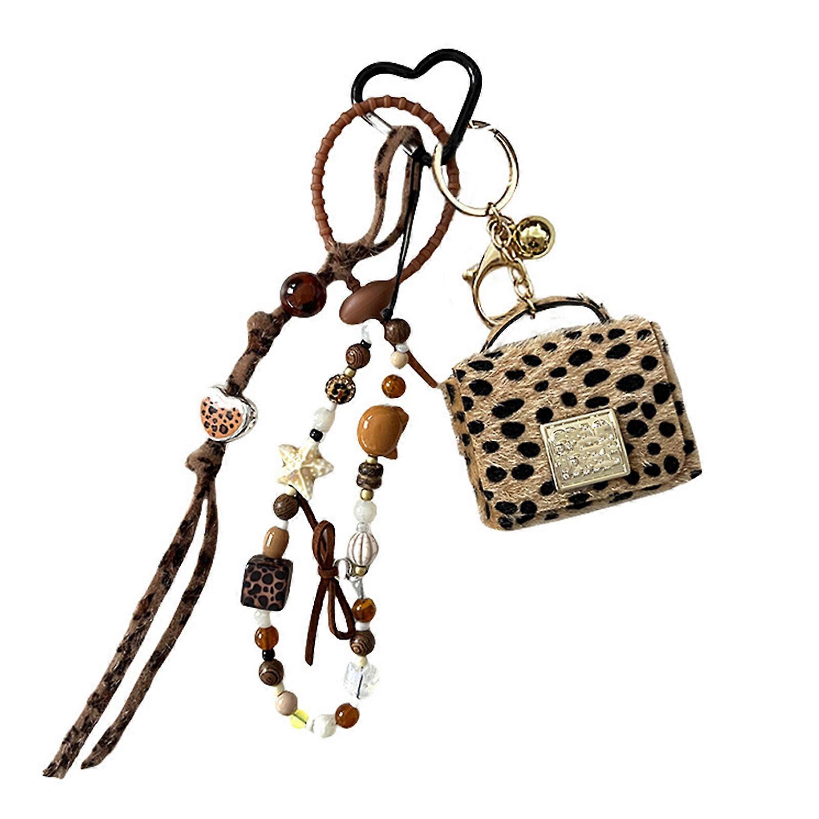 Leopard Pattern Bag Keychain Decorative Resin Bead Ornament Sturdy Polyester Materials Travel Accessory Multicolor
