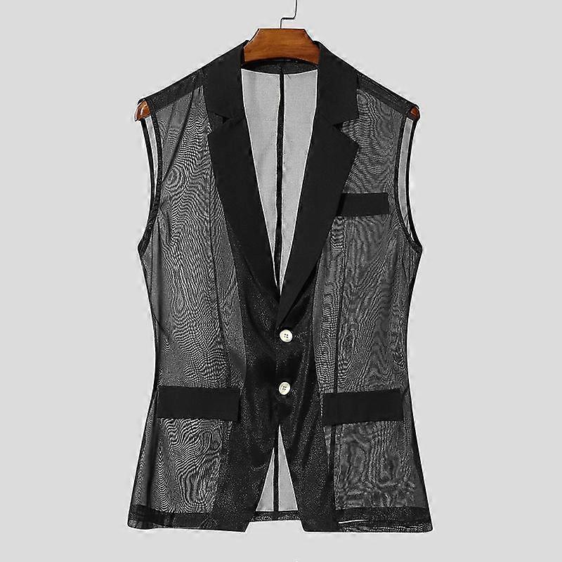 INCERUN Men Lapel Sleeveless Buttons Stitching  See Through Mesh Sheer Waistcoats