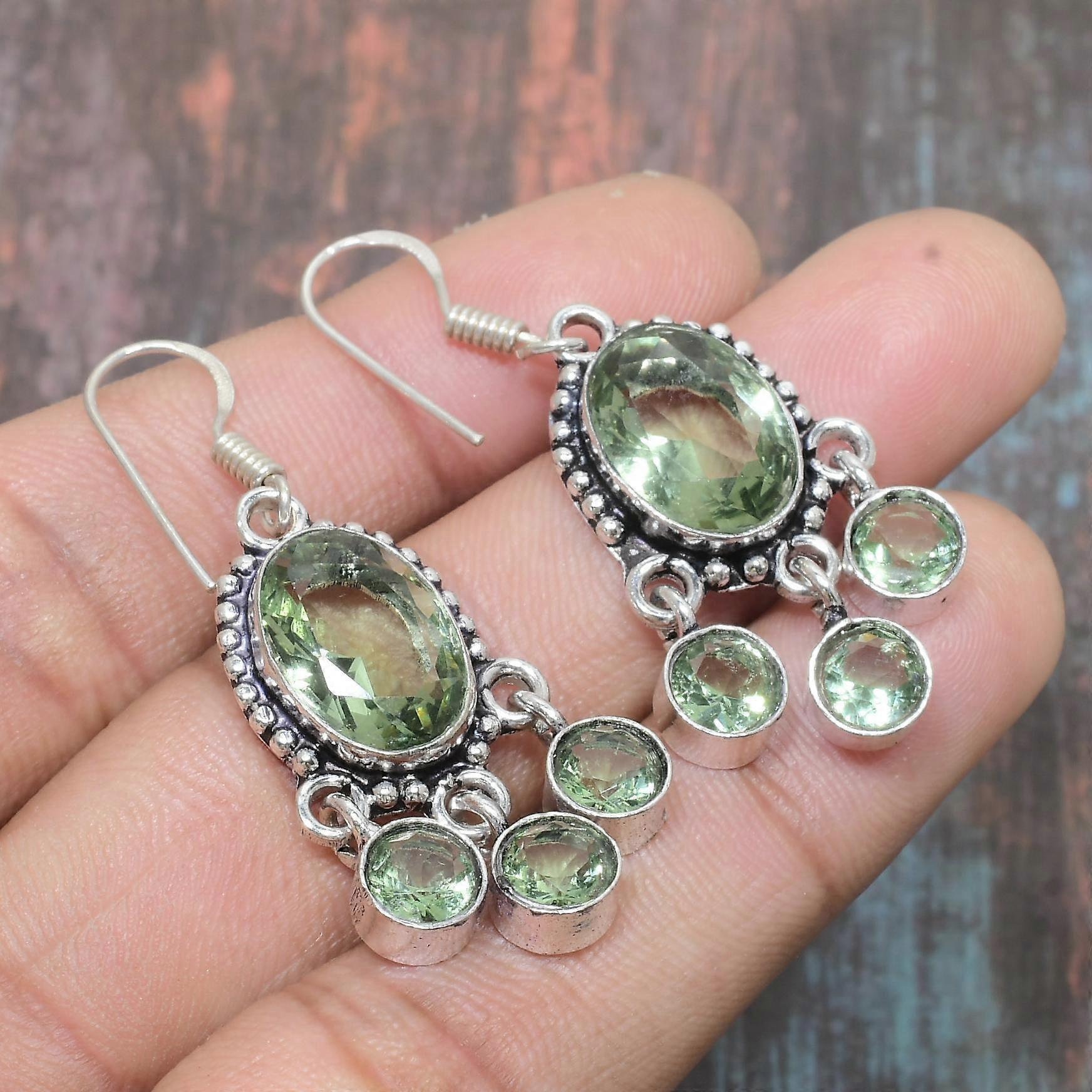 Green Amethyst Gemstone Solid 925 Sterling Silver Handmade Jewelry Earring