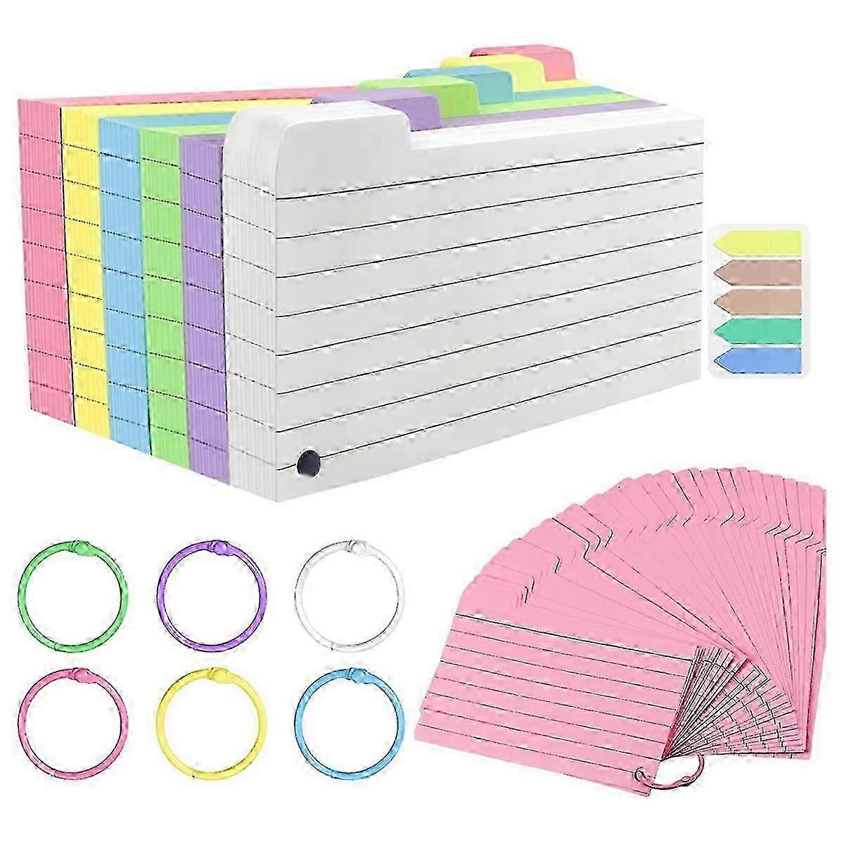 300 Pack Colored Lined Flash Cards - 3x5 inch Ruled Index Cards with Ring Binder, Double-Sided for Efficient Learning