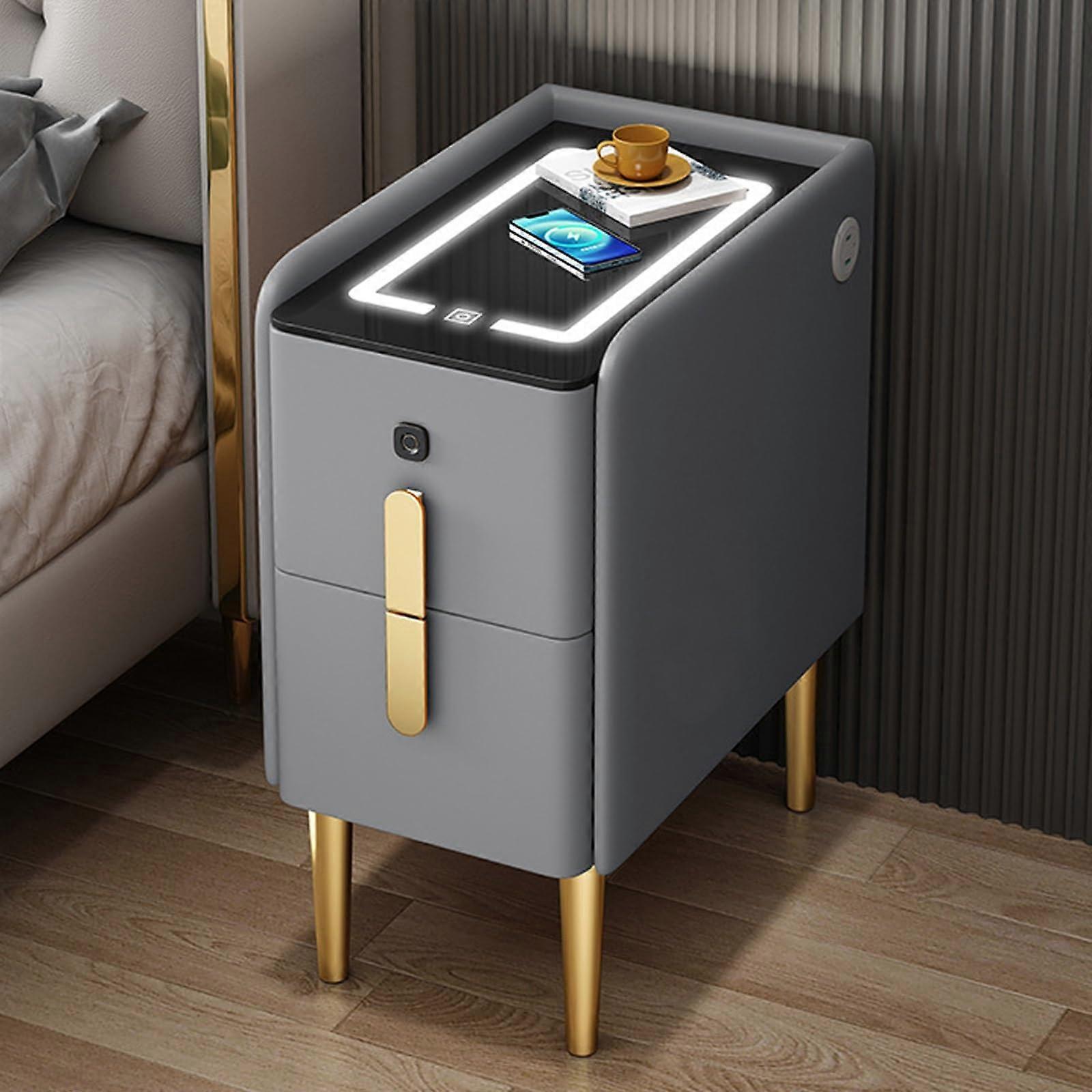 Smart Nightstand with Wireless Charging, LED Lights, USB Port, Speaker, Fingerprint Lock, 2 Drawers for Bedroom, Light Gray, 35x40x45cm