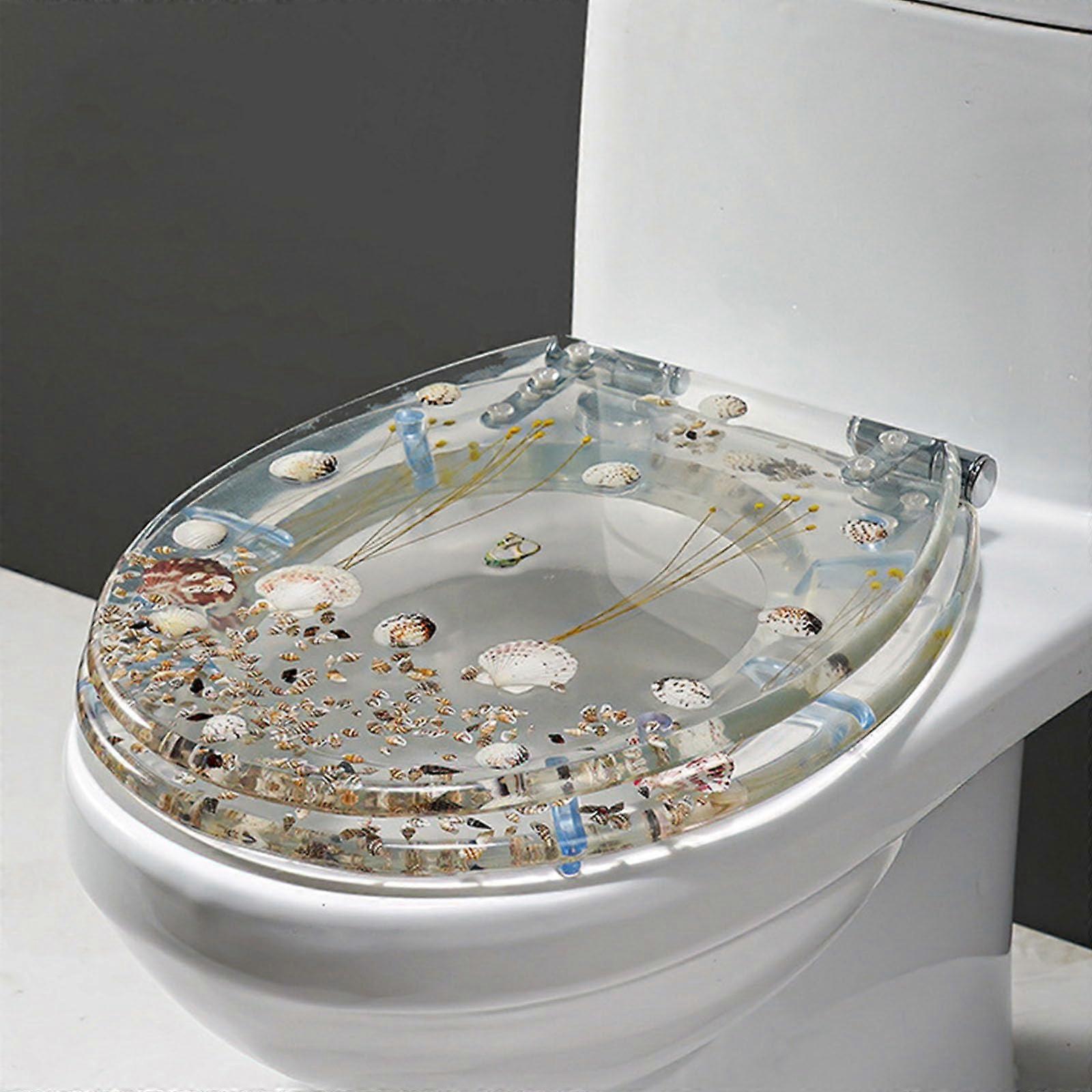 Round Resin Toilet Seat with Soft Close, Ocean 3D Shell and Gravel Design, Easy Install