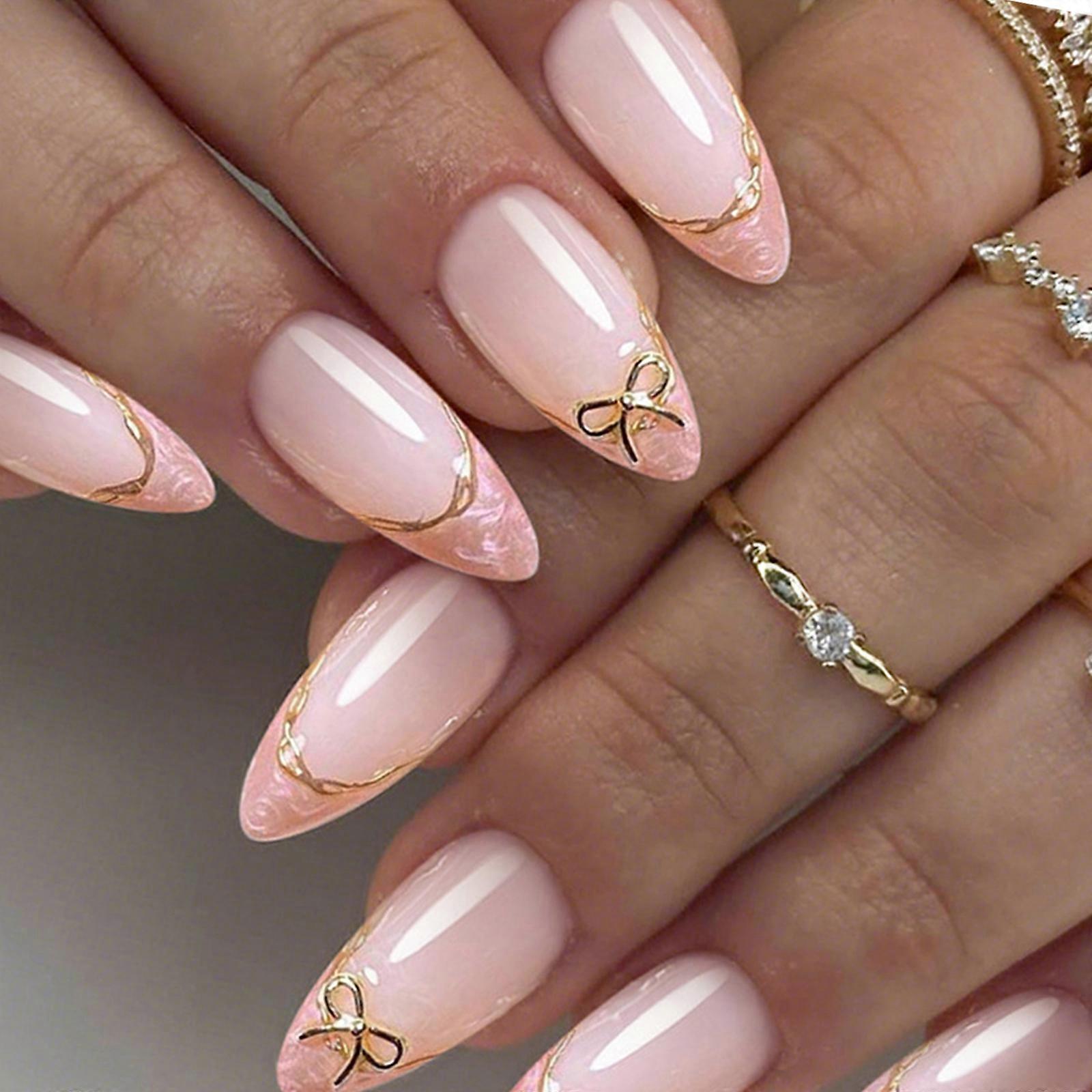 Artificial Nail French Manicure Design Gold Line Detailing Bows Decorations Practical ABS Comfortable Wear Daily Use Multicolor