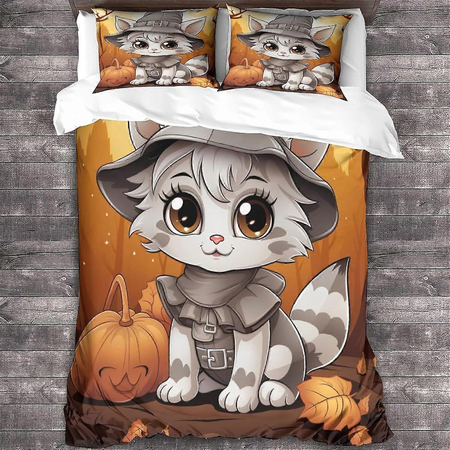 LikeEj Cat Povlečení Halloween Tištěná Sada Povlečení Měkké Mikrovlákno Zvíře Přikrývka S Dvojitým Zipem Uzávěr