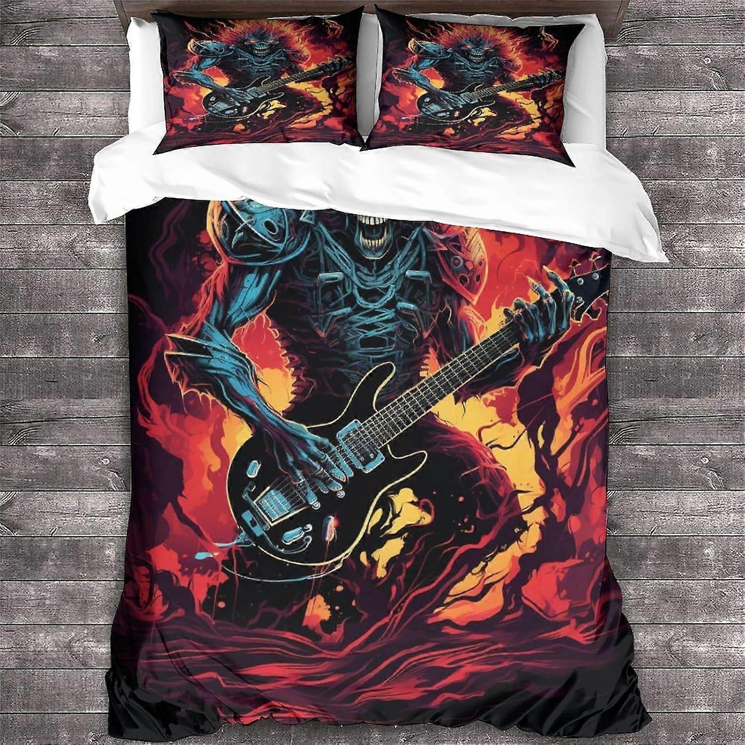 روك أند رول غطاء لحاف مجموعة 3D الجمجمة نمط طباعة الفراش الثقيلة المعدنية الغيتار لحاف غطاء لحاف مجموعة ، لينة ستوكات الملك