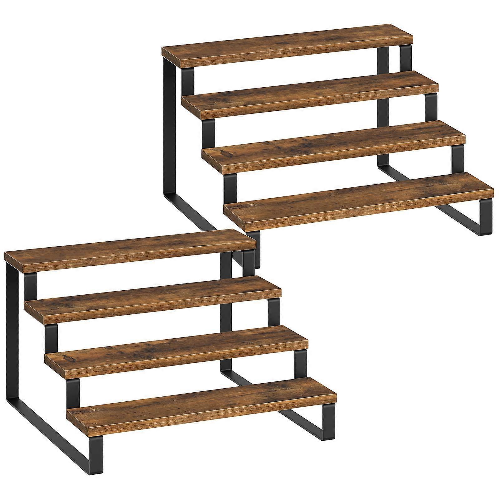 Spice Rack Organizer Set of 2, 4 Tier Rustic Brown Kitchen Countertop Spice Rack, MetalWood Rotating Design