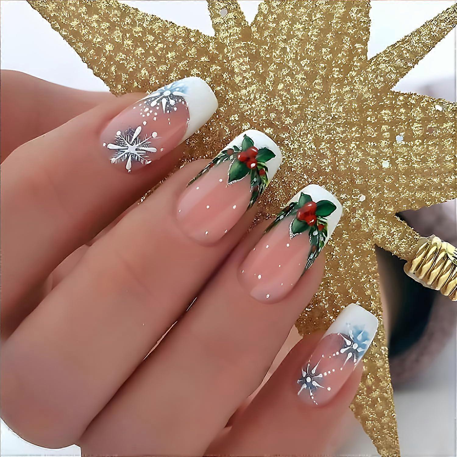 Christmas Press On Nails with Snowflake Designs White French Tip Medium Square Acrylic 24pcs Set