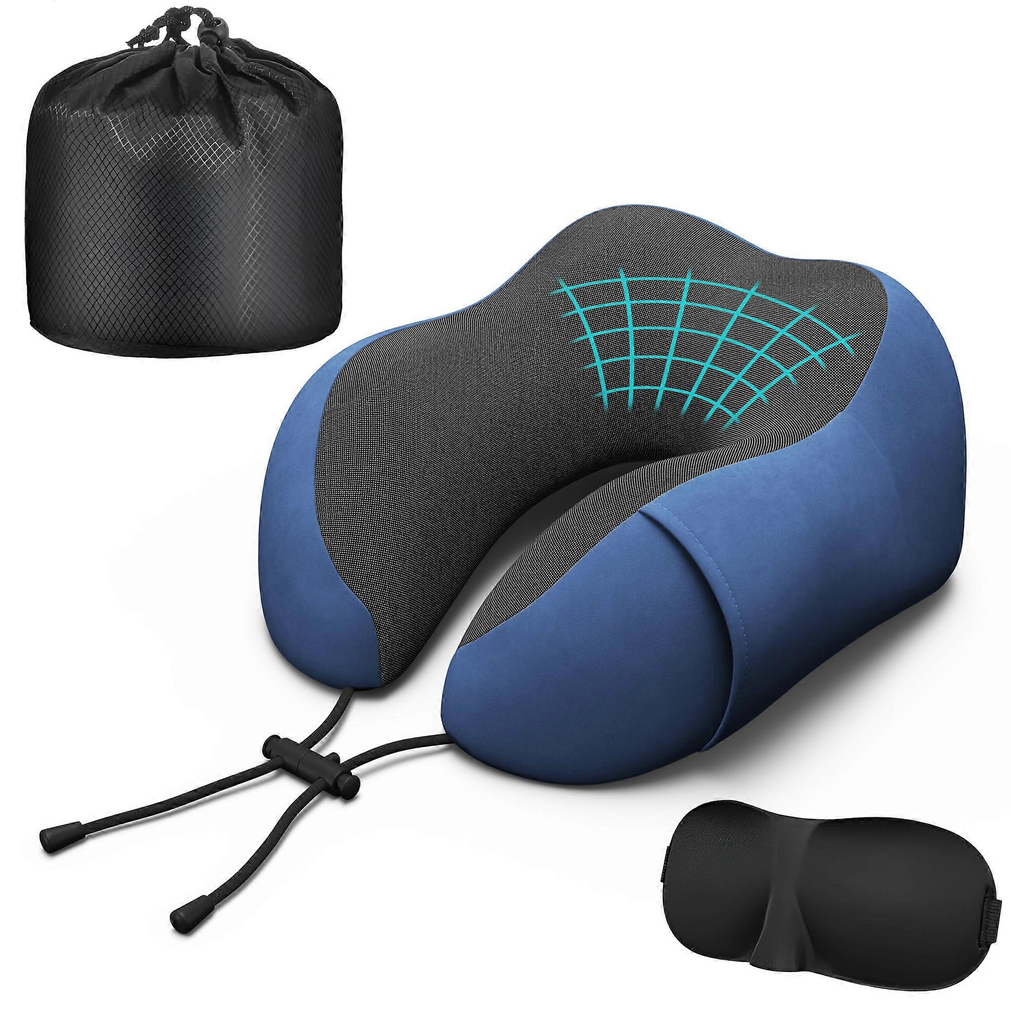 Travel Neck Pillow with Ergonomic Memory Foam, Adjustable Fit for Airplane, Car and Home  Dark Blue