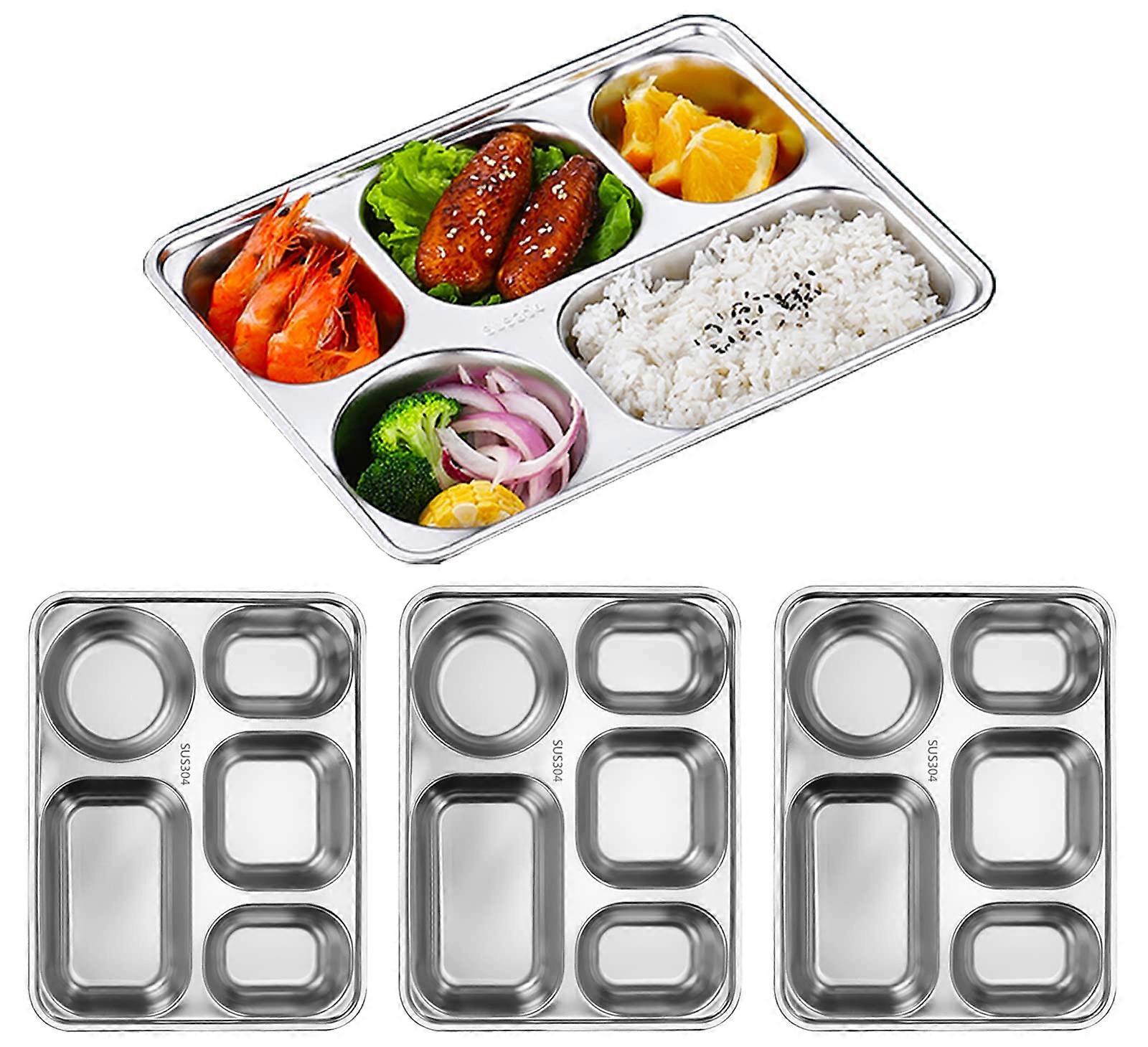 4 Pack Stainless Steel Divided Plates, 5 Section 304 Rectangular Serving Trays for Kids and Camping
