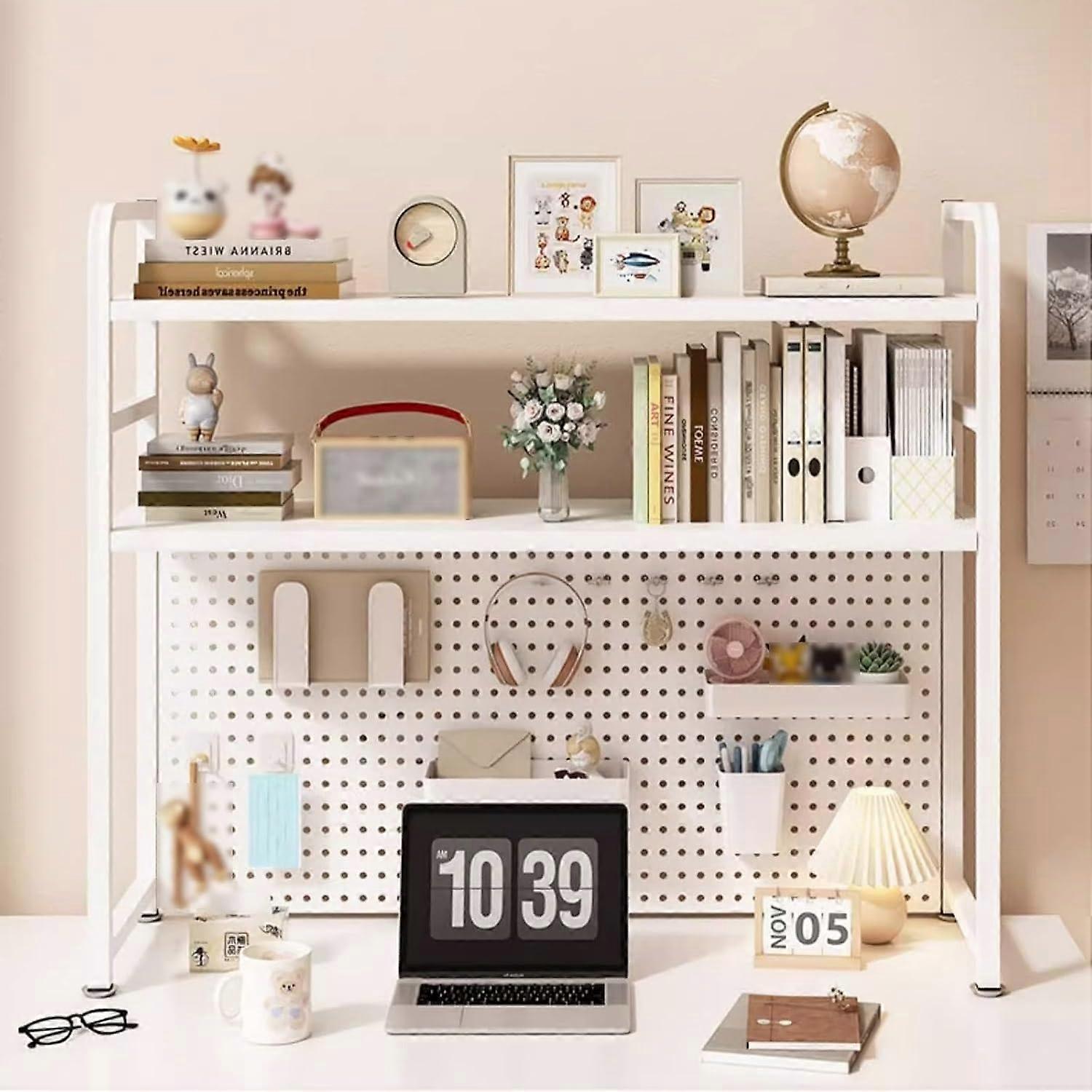 White Metal Desktop Bookshelf Desk Hutch Organizer with Sturdy Steel Frame for Office and Home