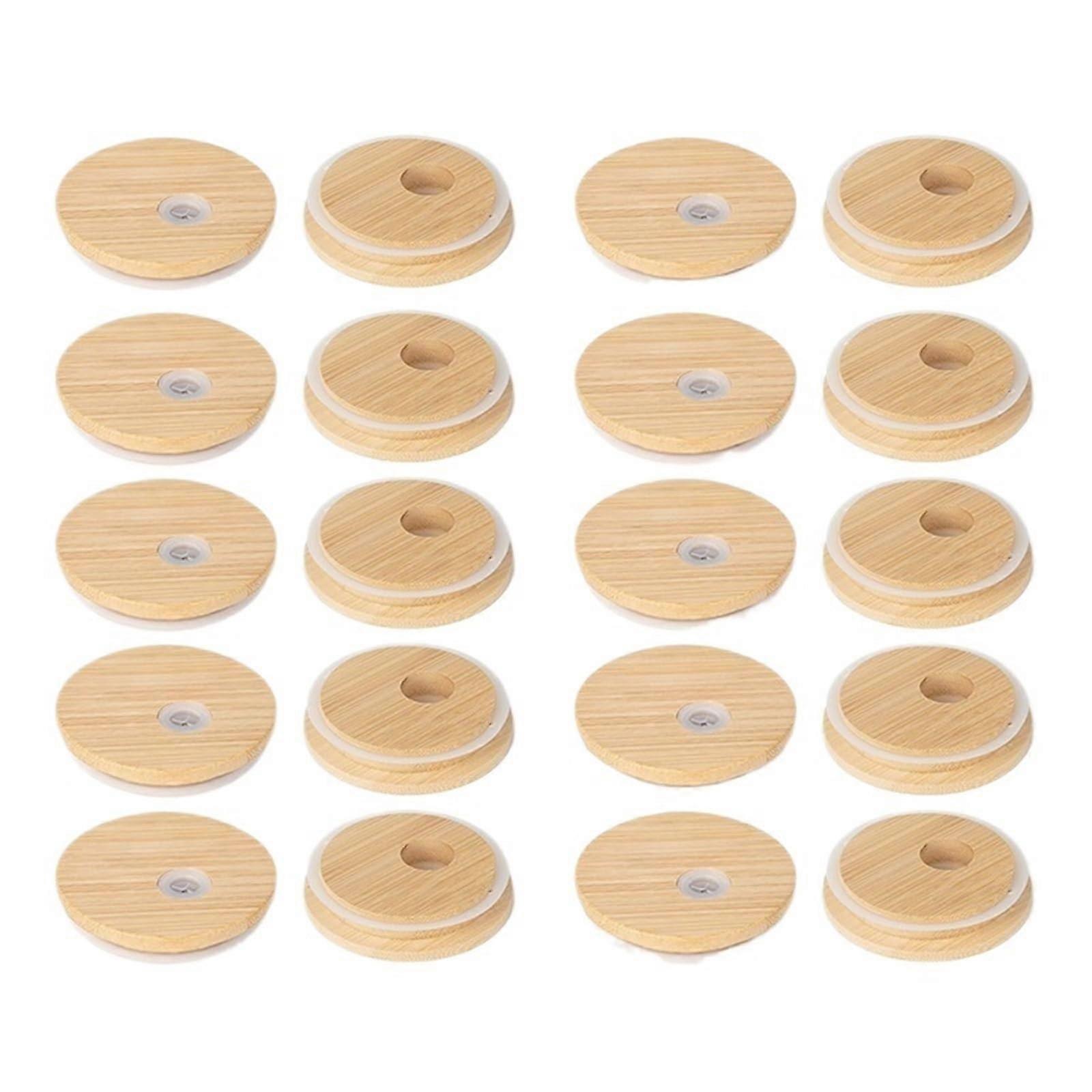 Bamboo Mason Jar Lids with Straw Hole 16pcs Leak Proof Silicone Seal Fits Standard Canning Jars
