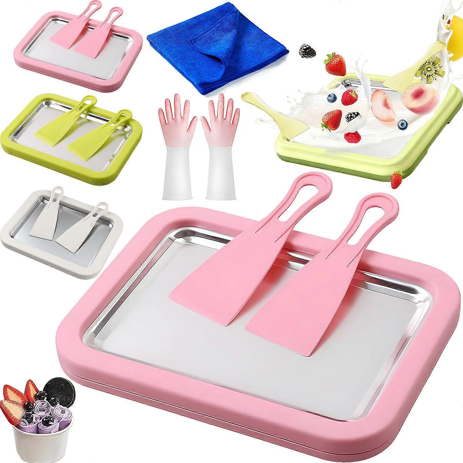 Rolled Ice Cream Maker Kit with Instant Freeze Plate, No Electricity, 2 Scrapers, Stainless Steel, Pink